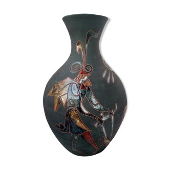 Vase with enamelled mythological decoration, signature to decipher 1950