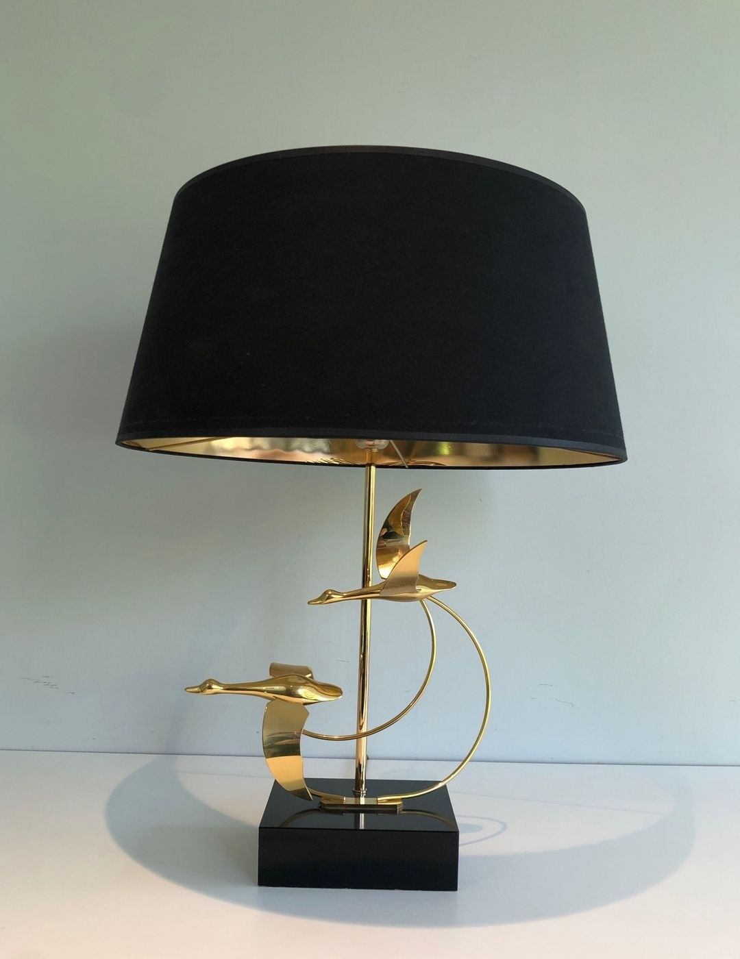 Brass Table Lamp with Wild Goose Flight, French Work, circa 1970