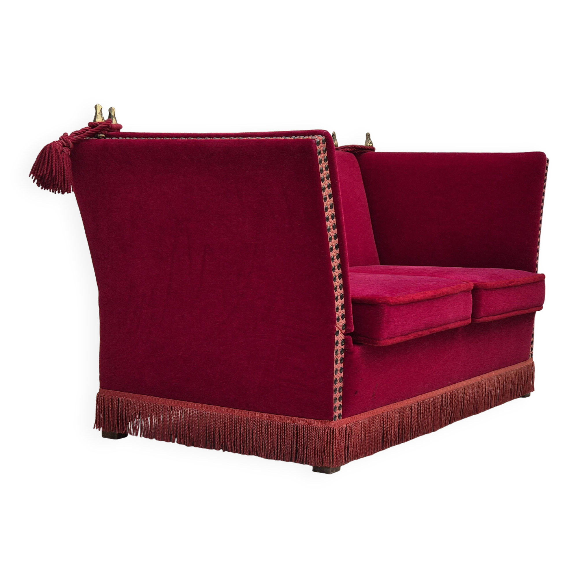 1970s, Danish drop arm "Spanish" sofa, original condition, cherry red furniture velour.