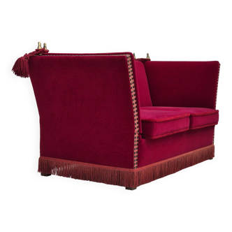 1970s, Danish drop arm "Spanish" sofa, original condition, cherry red furniture velour.