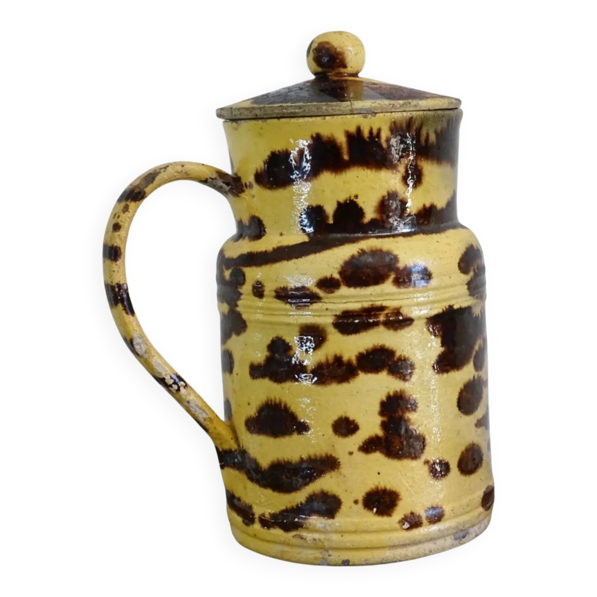 Grand pichet ancien en faïence française avec couvercle, provenant de Dieulefit