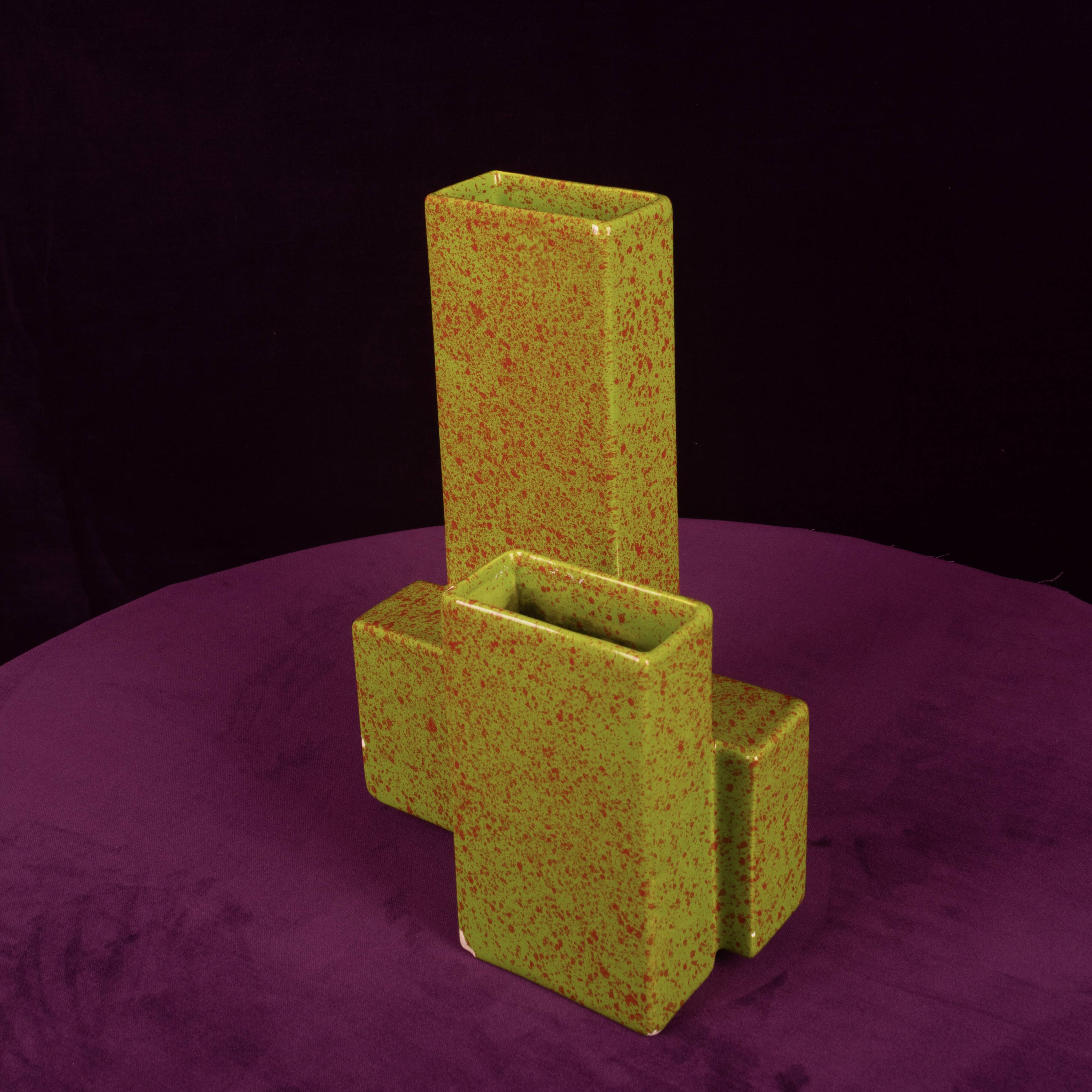 Geometric Twin-Column Ceramic Vase Space Age, Italy 1970