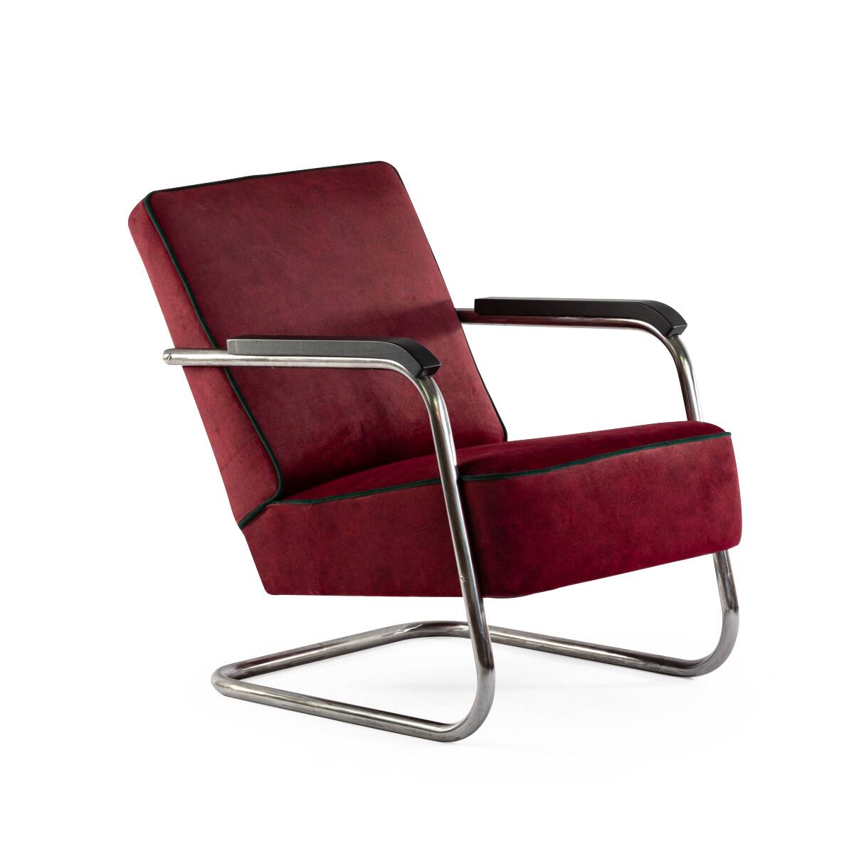 1930s Bauhaus cantilever armchair, upholstered in purple-red