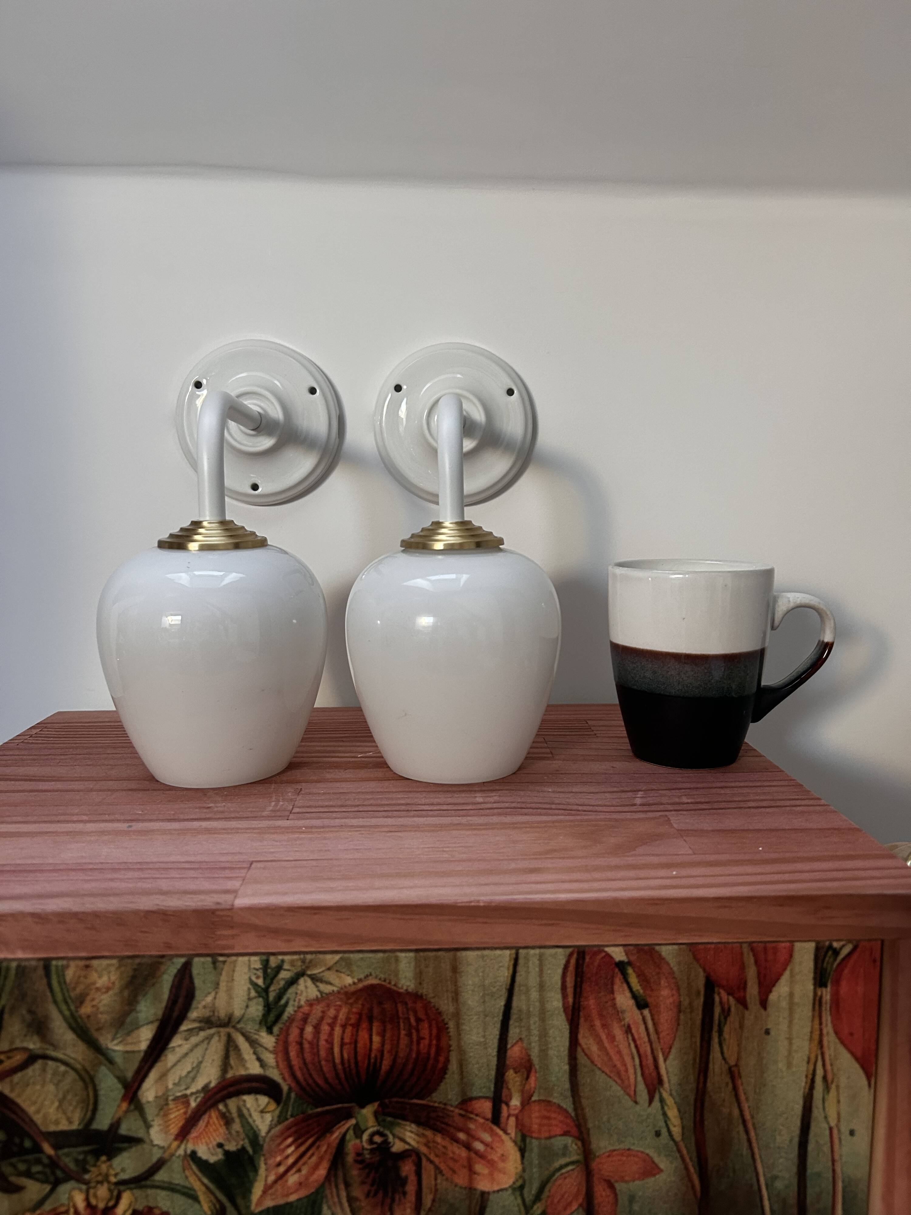 Pair of vintage white opaline wall lights