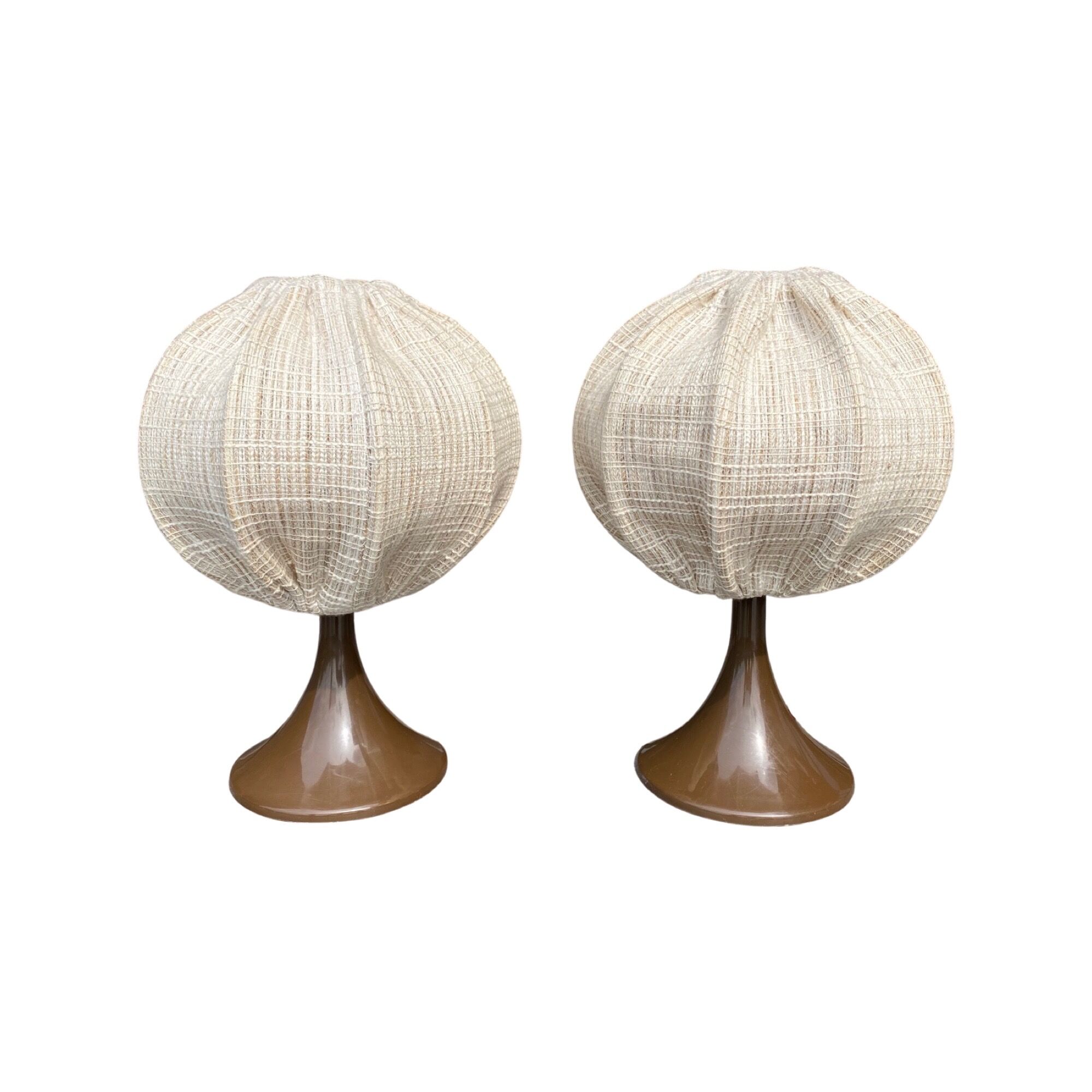 Set of 2 Retro Tulip Lamps | Space Age Lights Dutch Design With Brown Plastic Base And Linen Shades