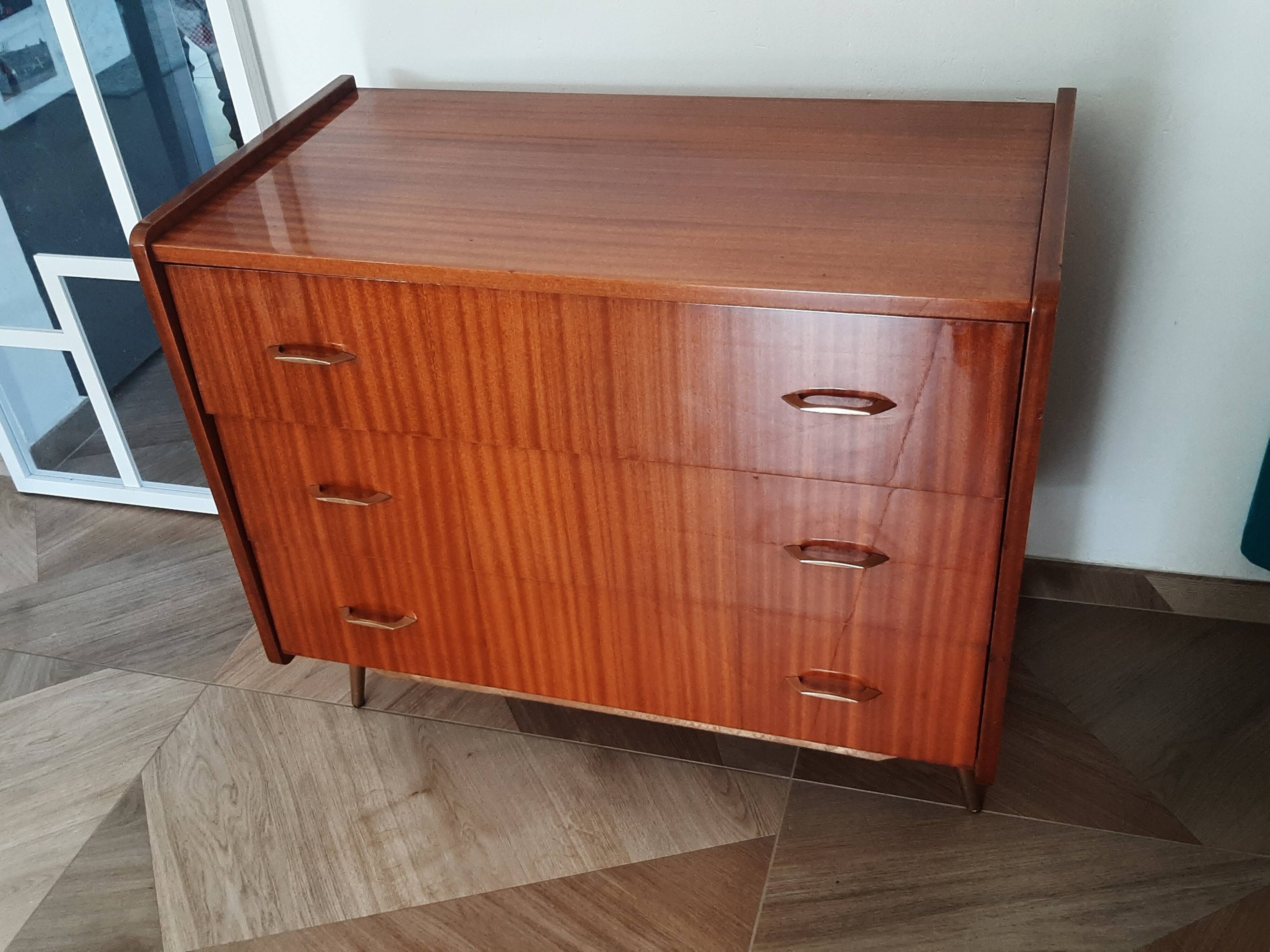 Vintage chest of drawers 3 drawers - varnished teak - Scandinavian style - retro patterns - 60s