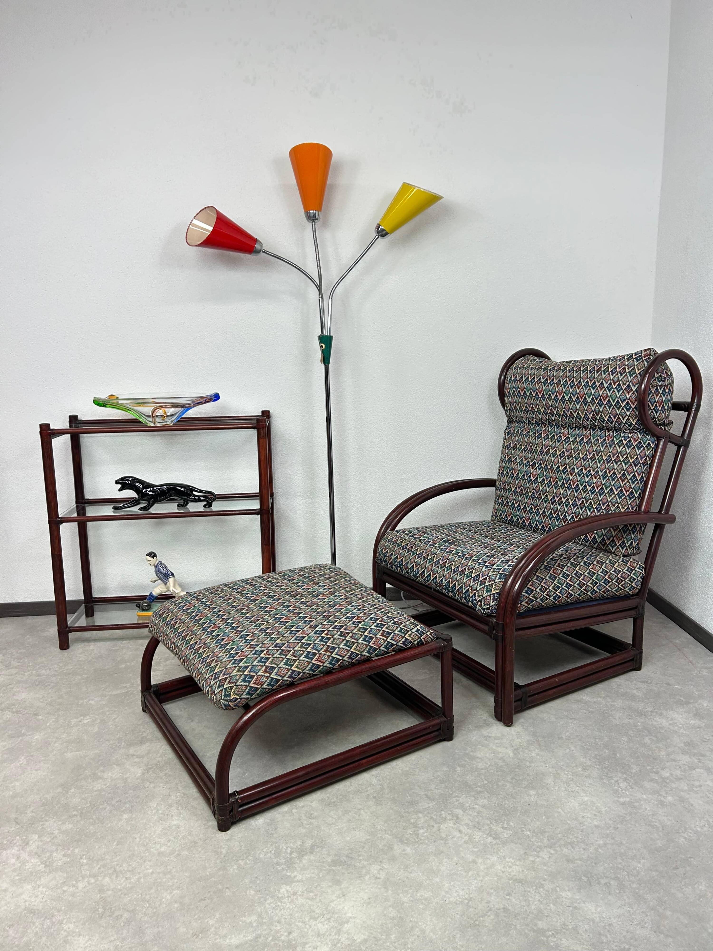 Fauteuil à oreilles en bambou de style milieu du siècle avec tabouret par Gervasoni