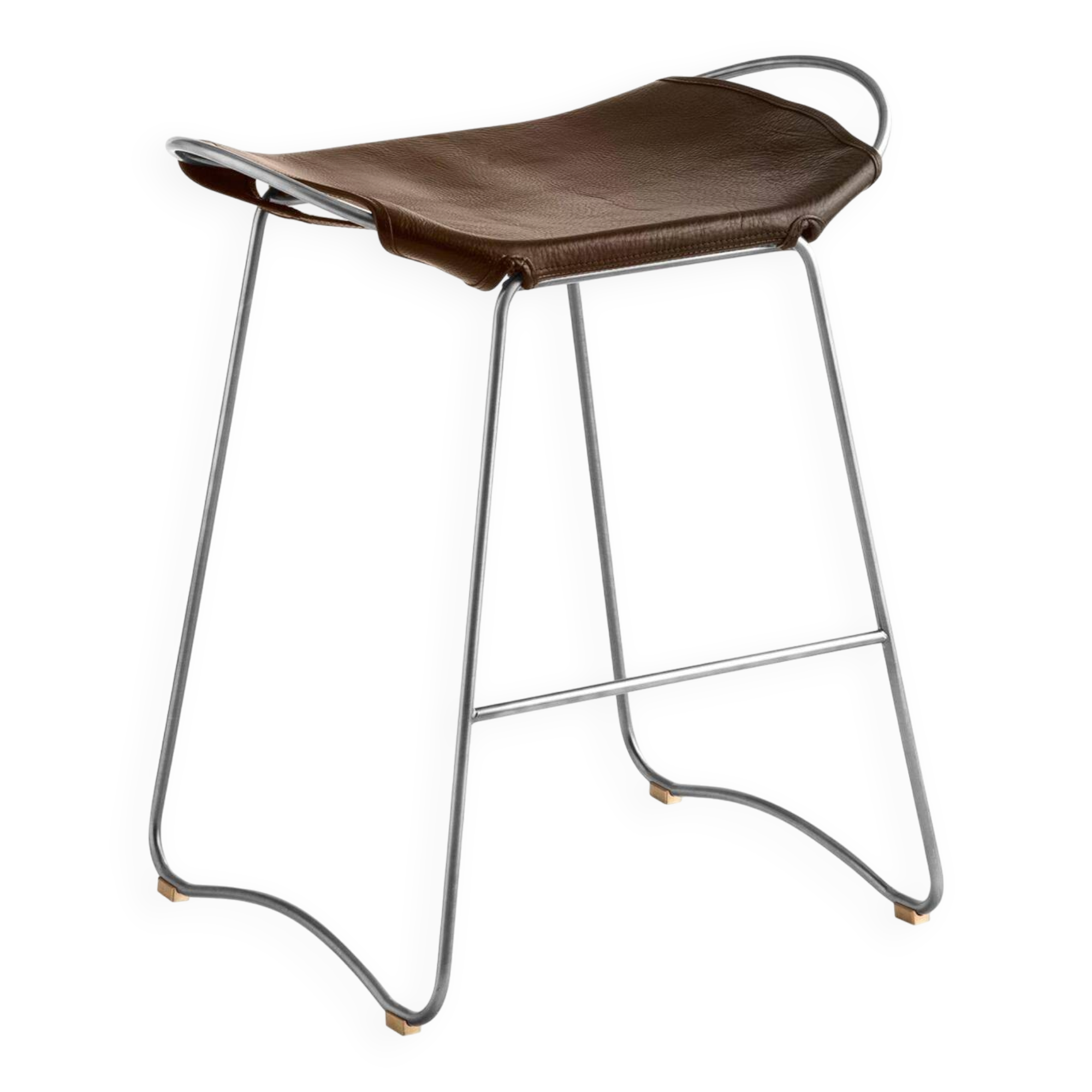 Contemporary Kitchen Counter Stool Old Silver Steel & Dark Brown Leather