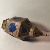 Oriental style hanging lantern in brass and dark blue glass