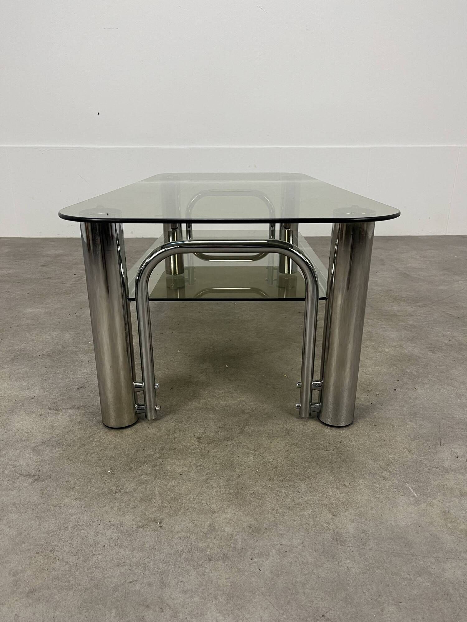 Chrome metal and smoked glass coffee table, 70s
