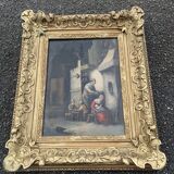 Tableau à l'huile Couple et enfants XIX avec son cadre