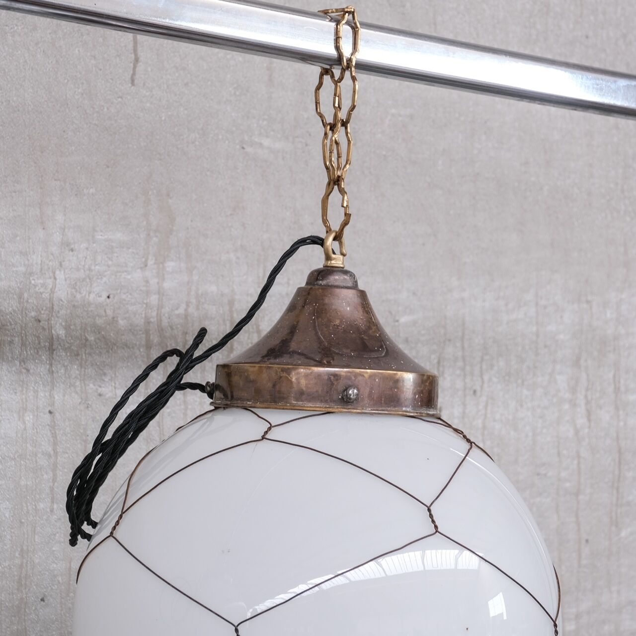 Opaline and brass mid-century caged pendant