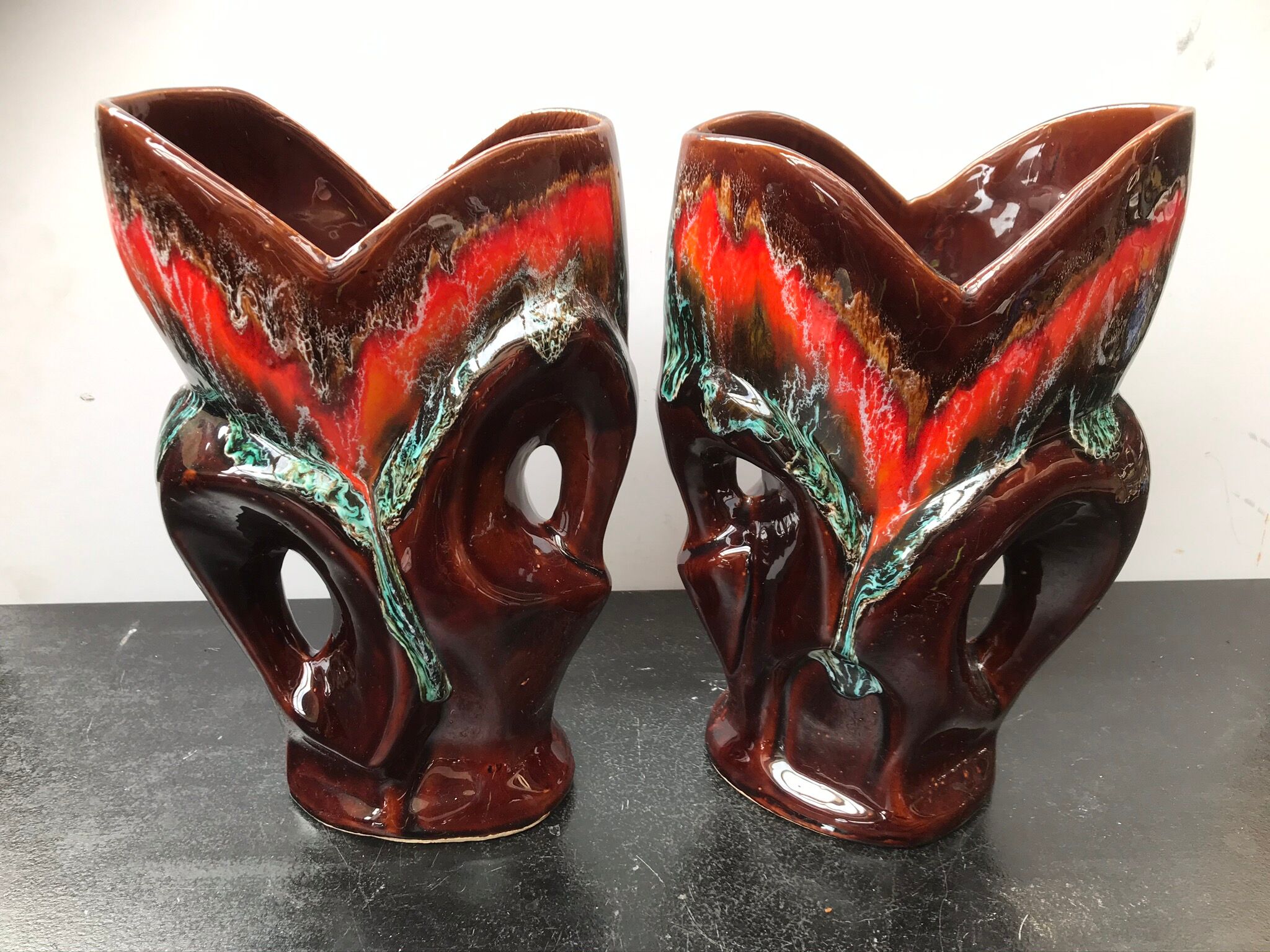 Paire de vase ancien Vallauris céramique multicolore + 2 anses vintage