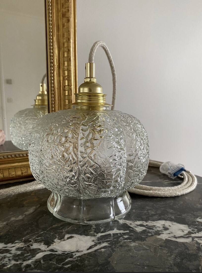 Suspension avec globe vintage en verre transparent