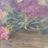 Elliptical painting still life bouquet of flowers oil on wood by Lillie Honnorat