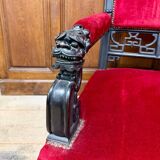 Large Japanese-style sofa in carved wood and red velvet, 19th century