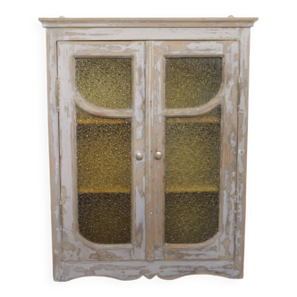 Wall display case with patinated amber glass