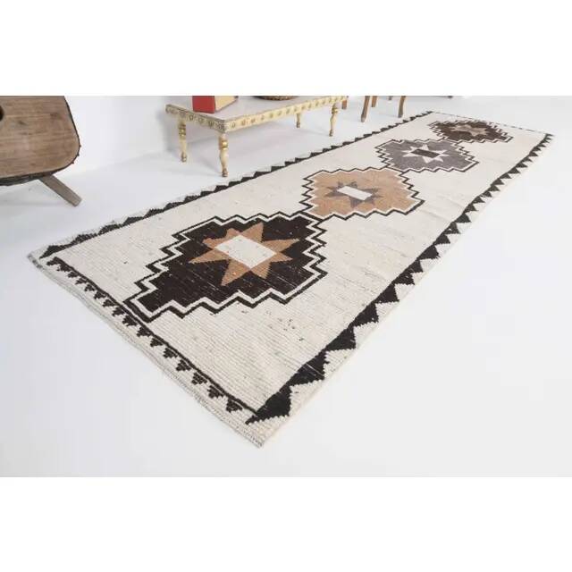 Vintage Turkish Oushak Handmade Cotton White Wool Runner 108x326
