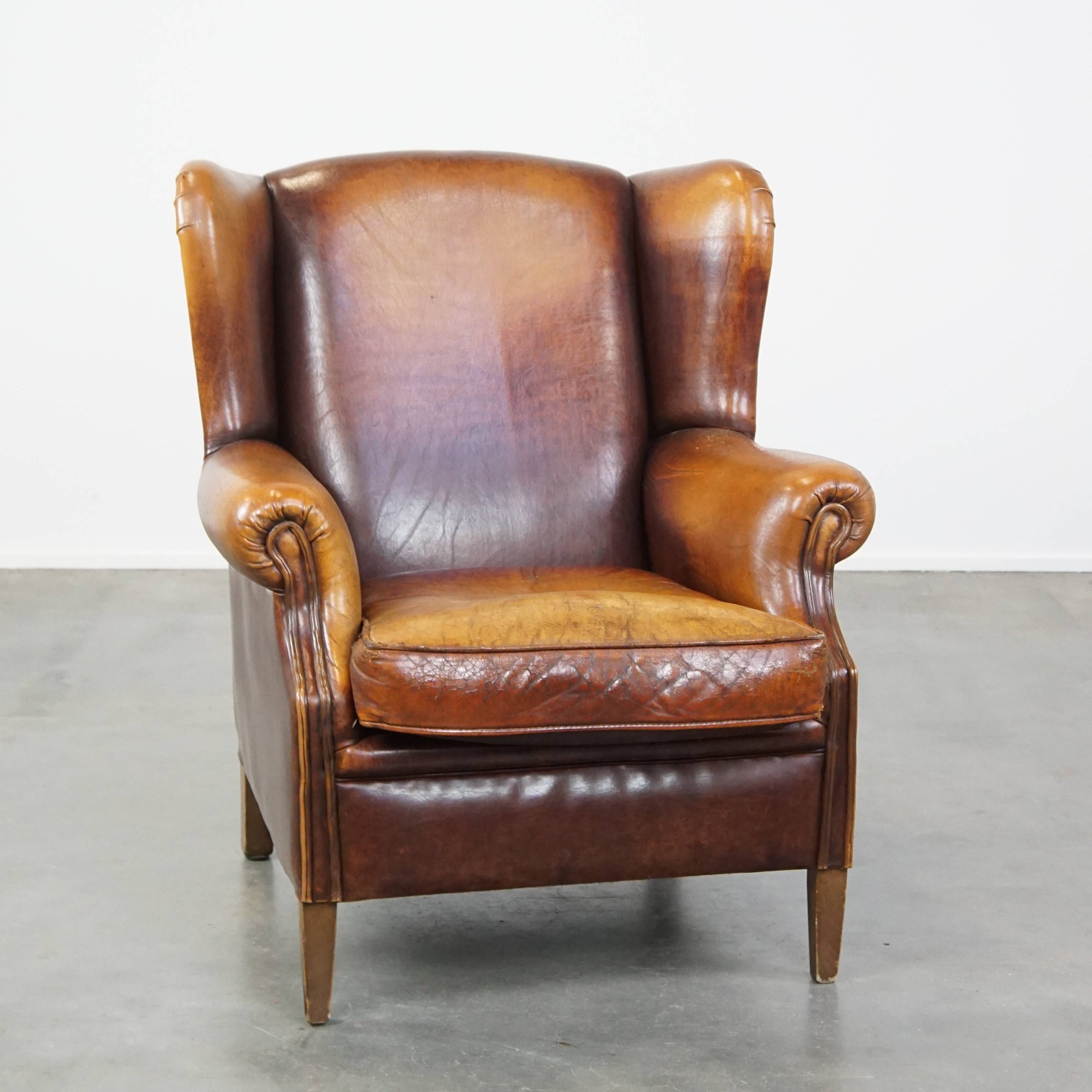 Vintage Sheepskin Leather Wingback Chair