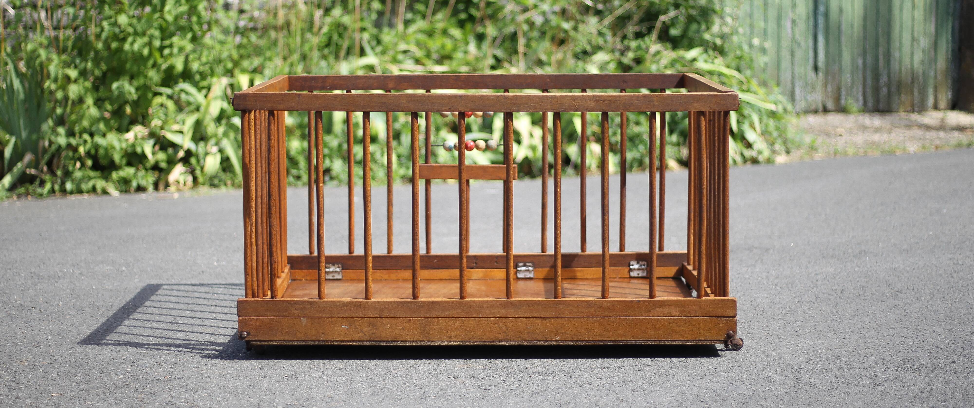 Folding wooden baby park on wheels, vintage park