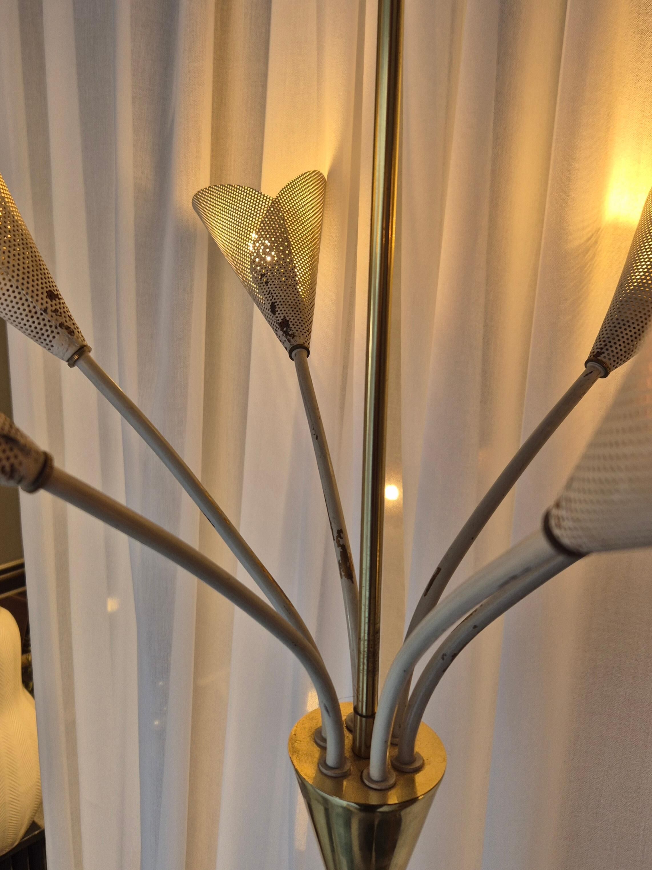 Elegant Chandelier with Six Arms, Perforated Metal Shade, Midcentury Modern