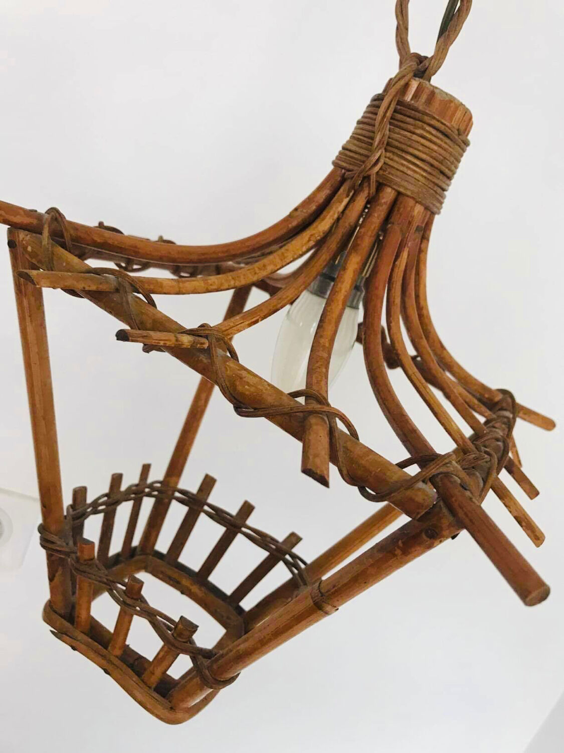 Vintage rattan lamp, old wicker hanging light