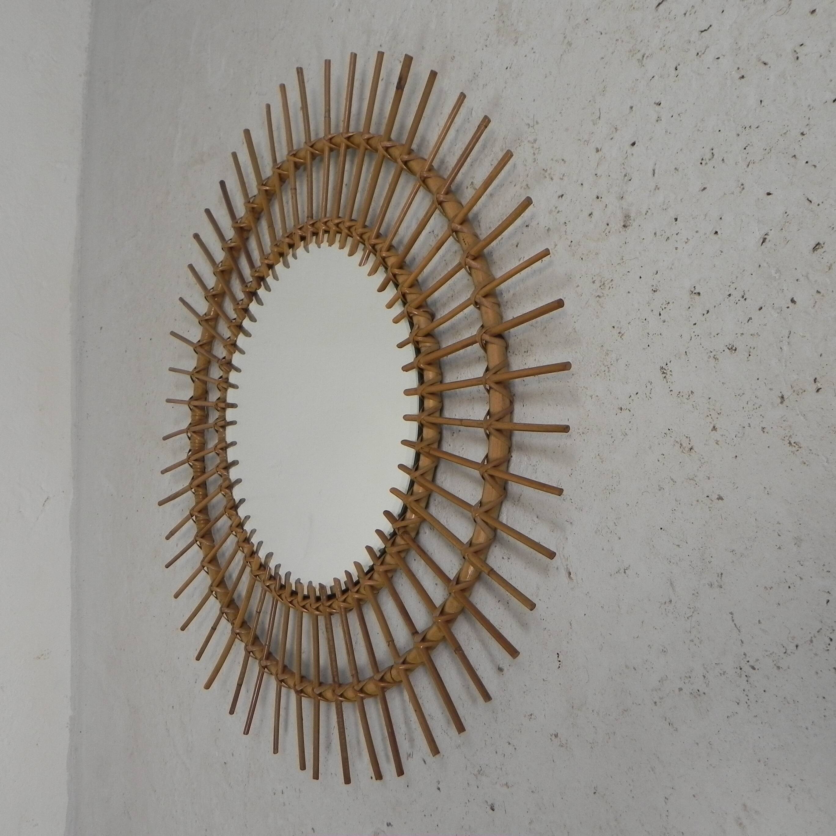 Vintage round bamboo mirror with faceted glass, 1950s