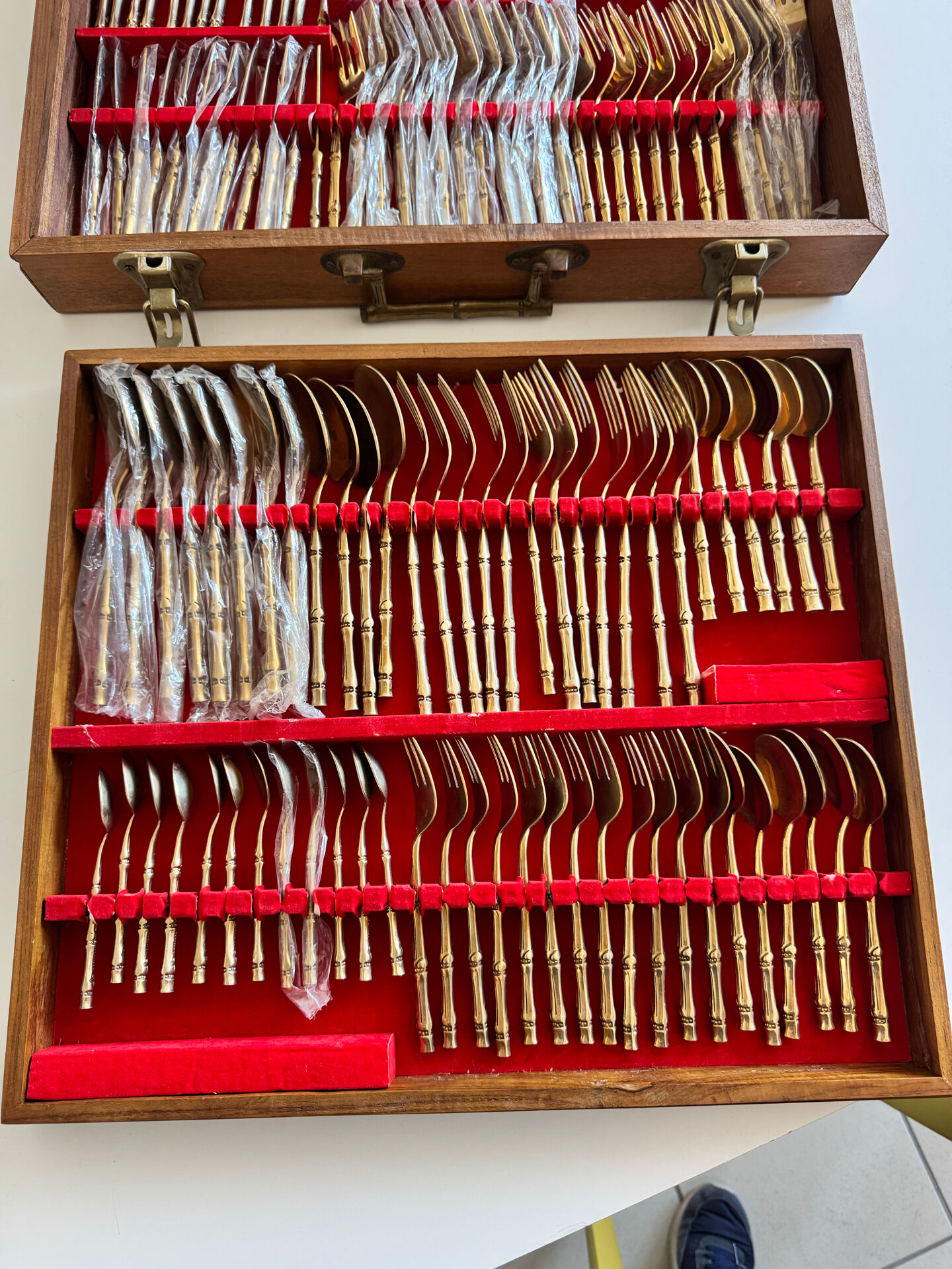 Ménagère complète Nickel Bronze doré Bambou coffret Vintage