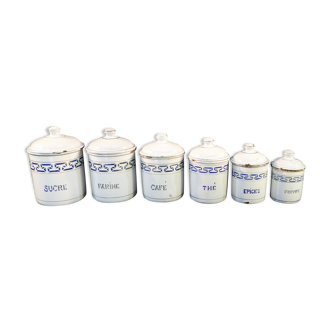 Series of 6 pots with white spices and enamelled tole