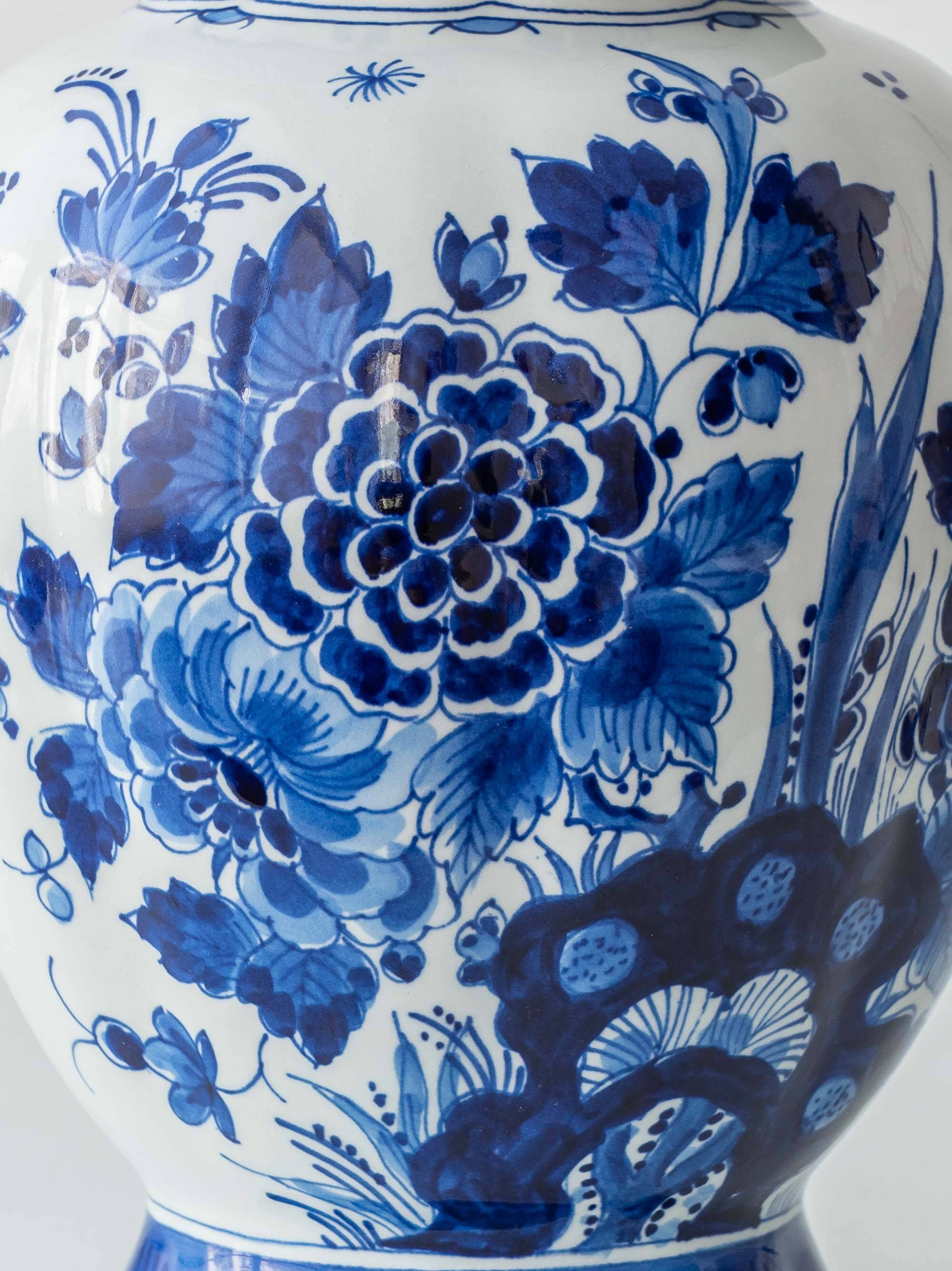 Pair of Royal Delft Blue & White Hand-Painted Floral Ginger Jar Table Lamps