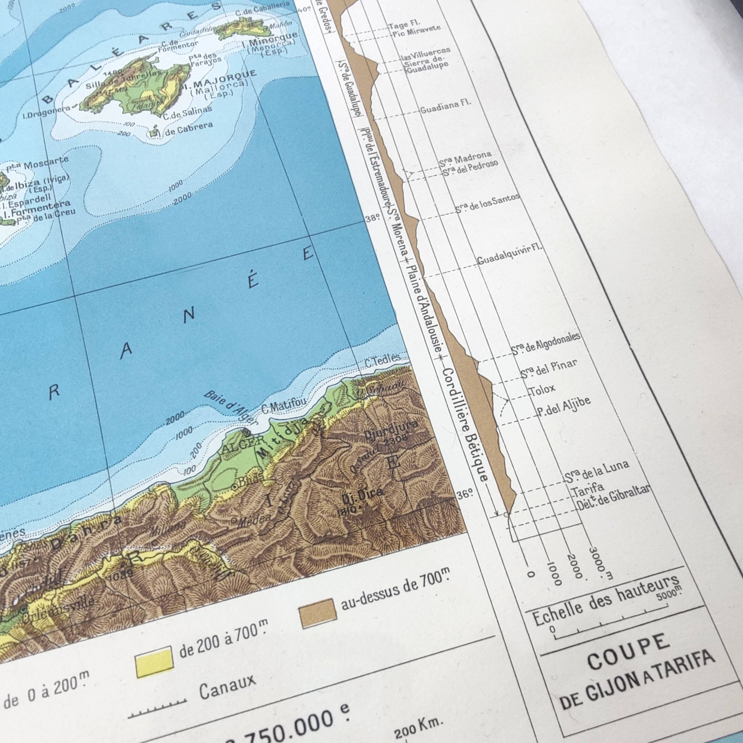 Spain and Portugal map in vintage colors 43x43cm from 1950