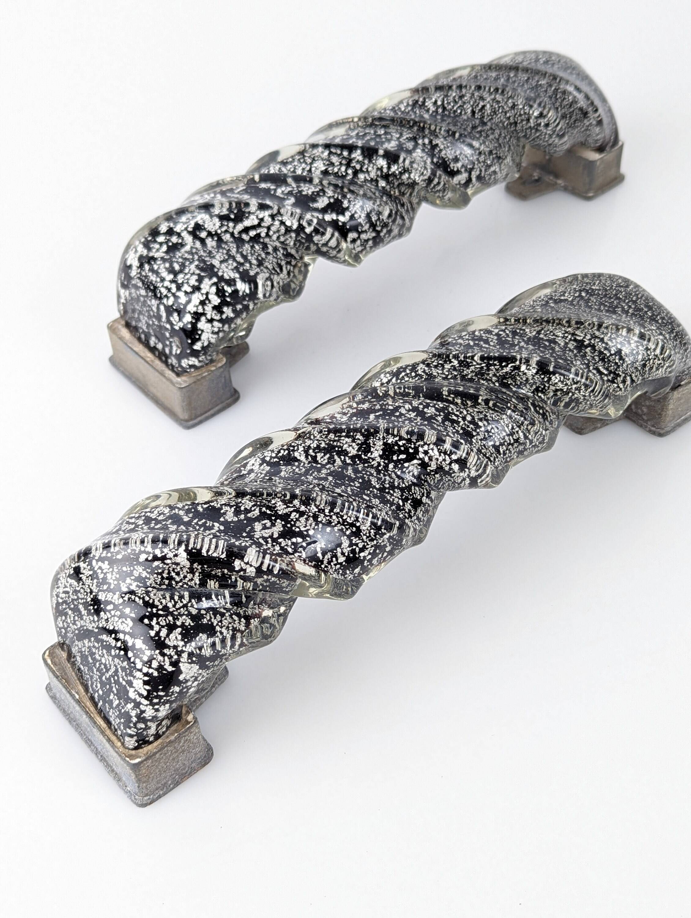 Pair of Hand-Blown Murano Glass Spiral Door Handles with Silver Dust, 1960s