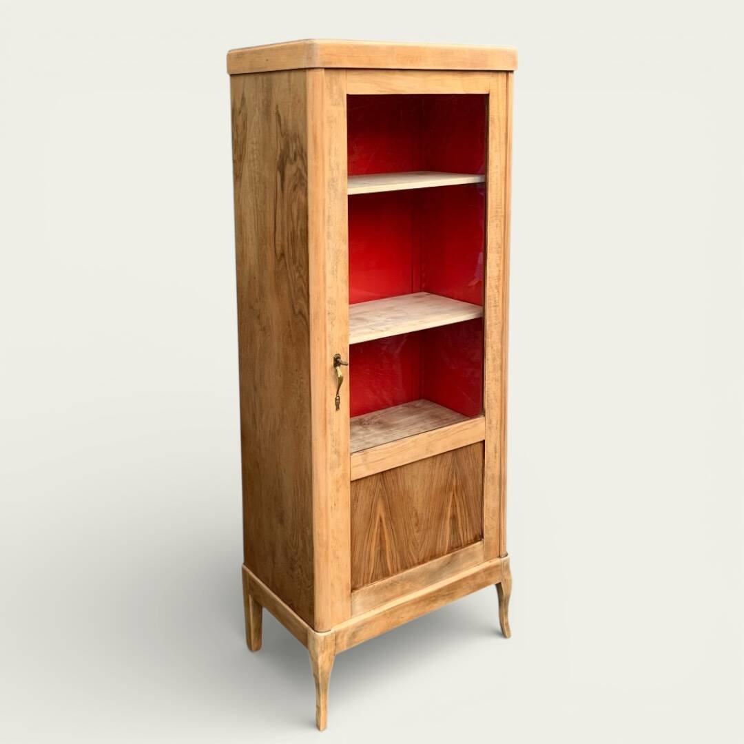 Vintage glass-fronted cabinet, raw wood, 1950s