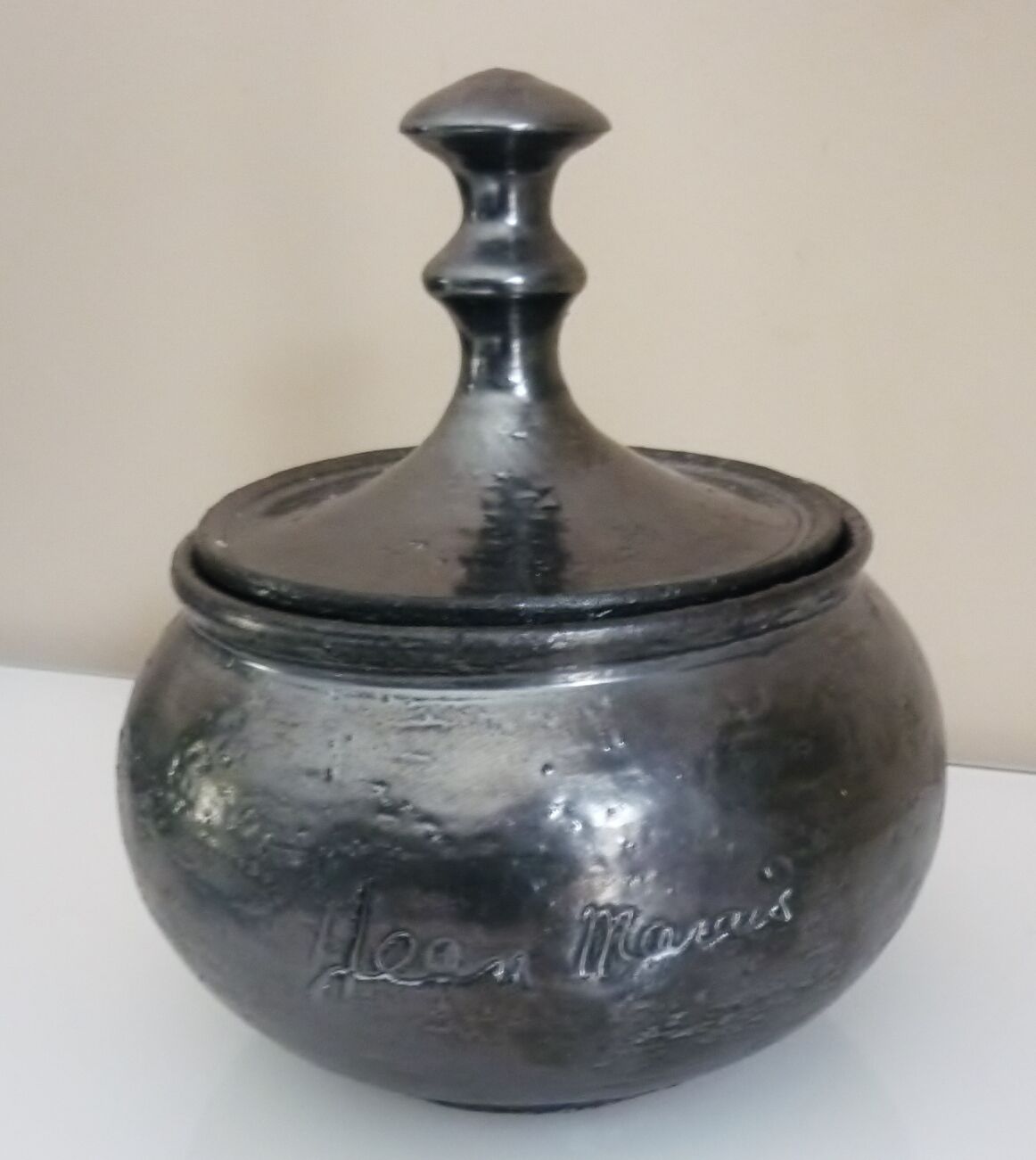 Black metal glazed ceramic bonbonnière, signed Jean Marais Vallauris
