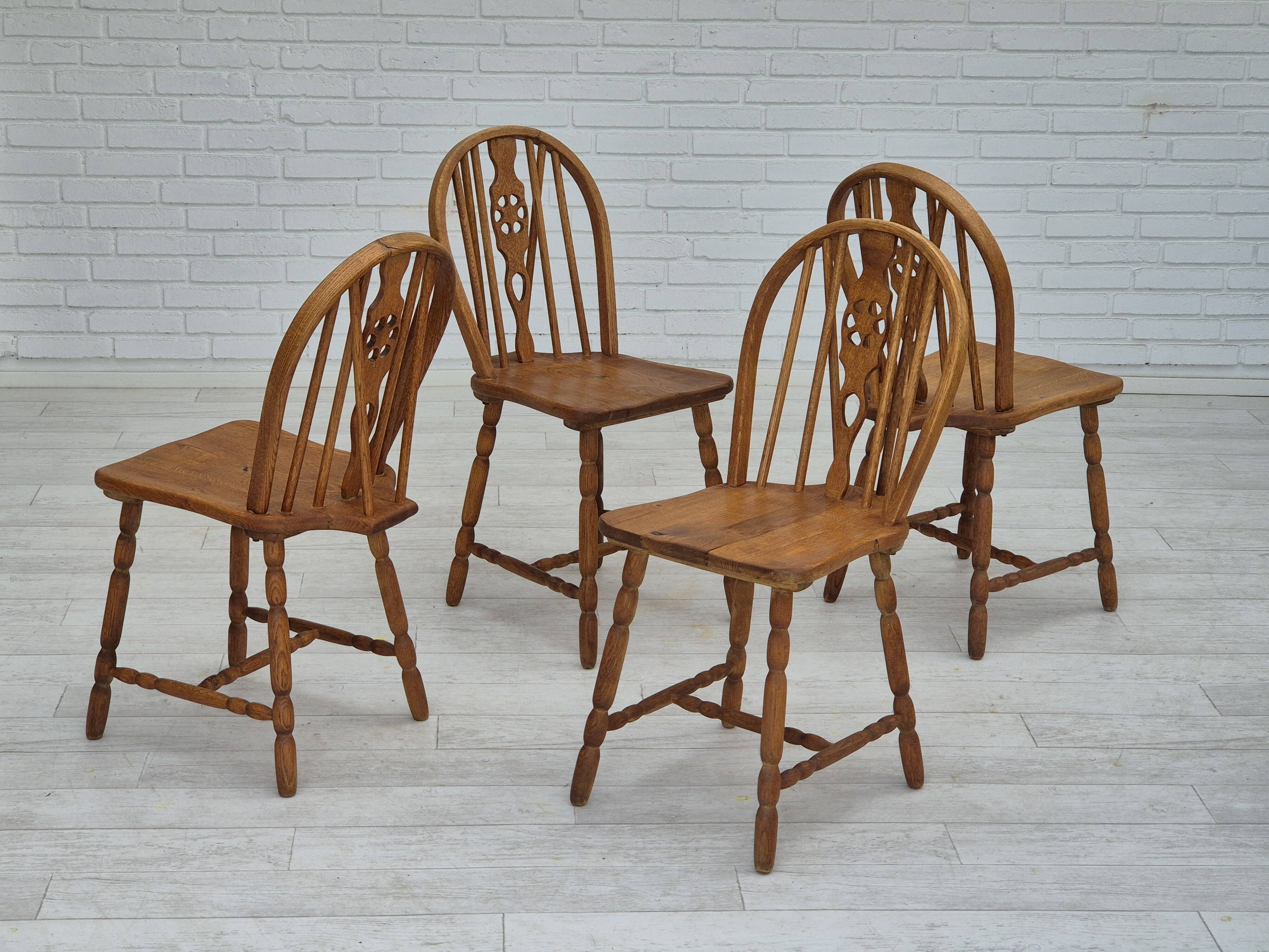 1960s, set of 4 scandinavian dining chairs in solid oak wood, original good condition.