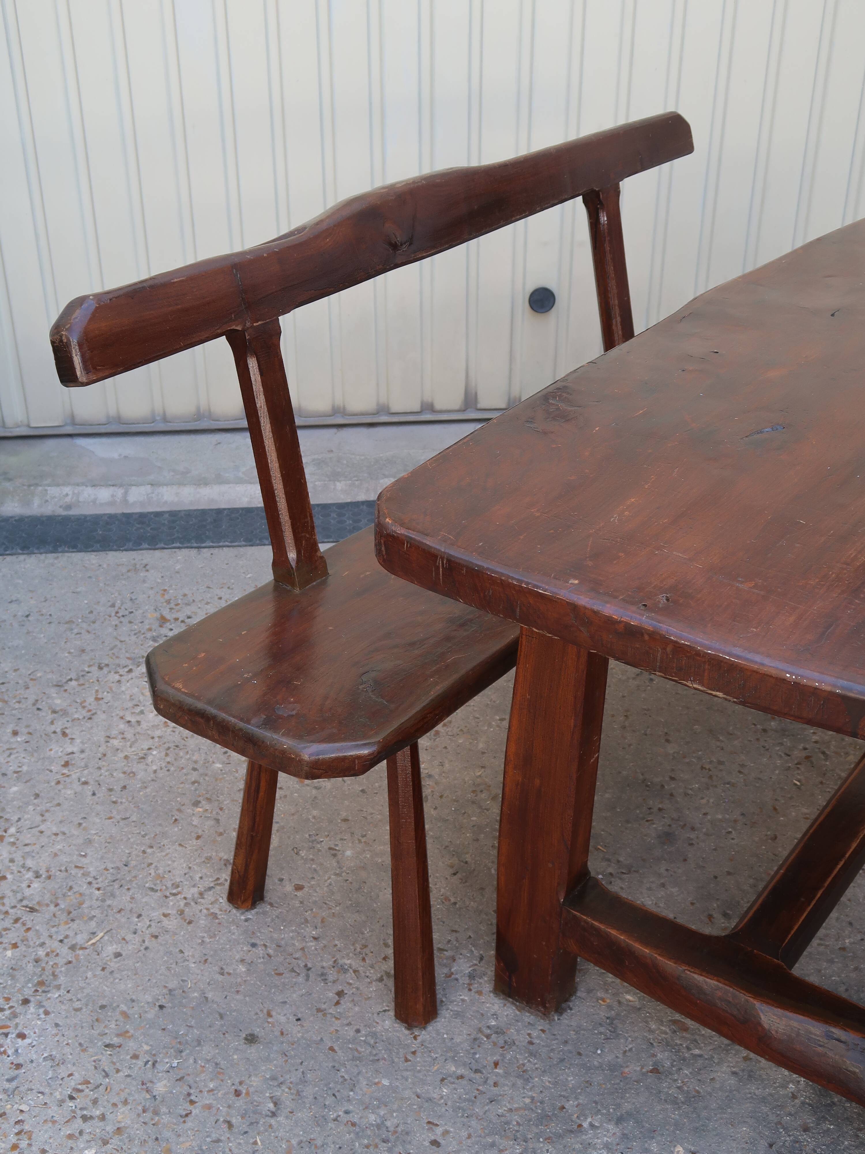Dining table + 2 brutalist benches in vintage 1950s elm.