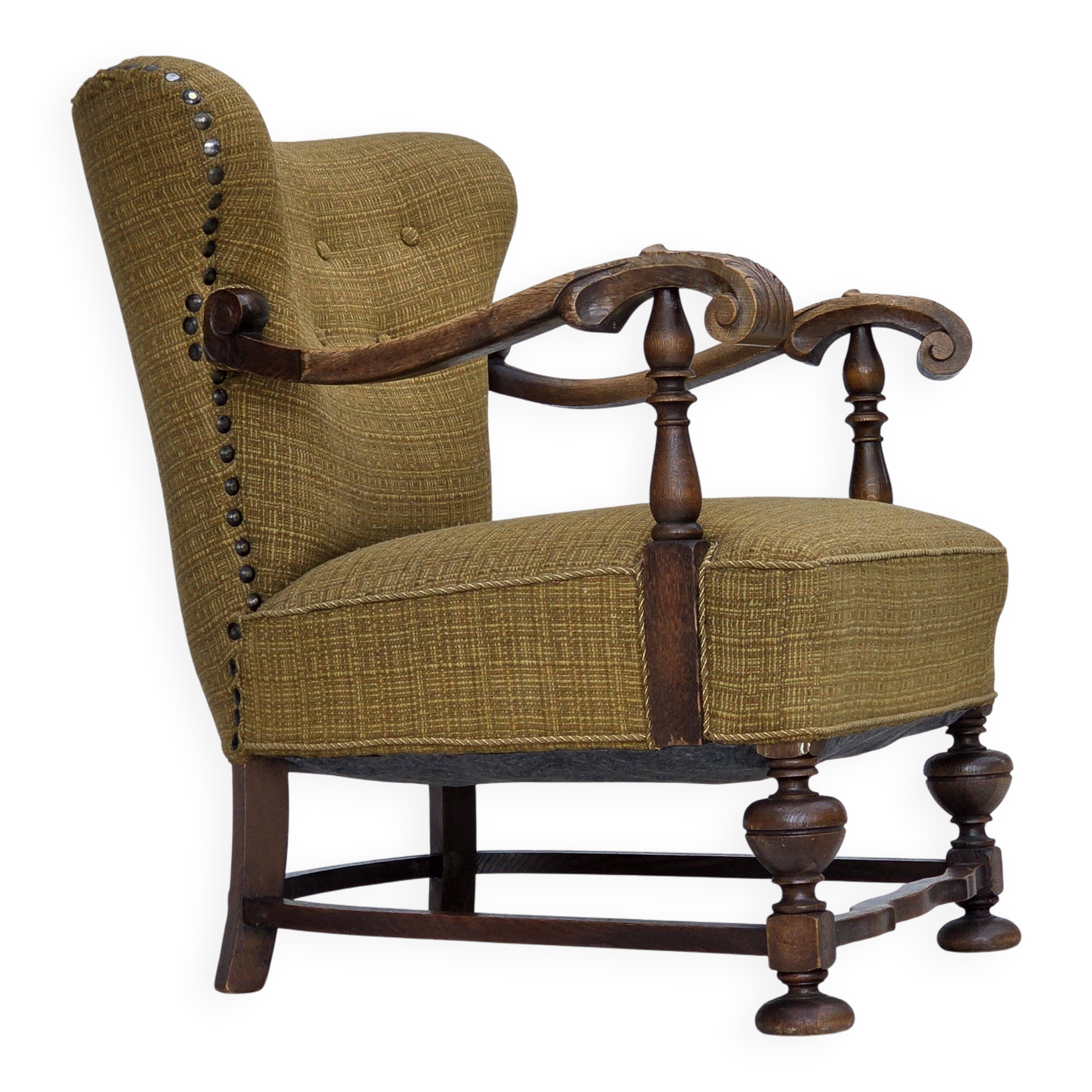 1960s, Danish armchair, original green furniture wool, carved oak wood,