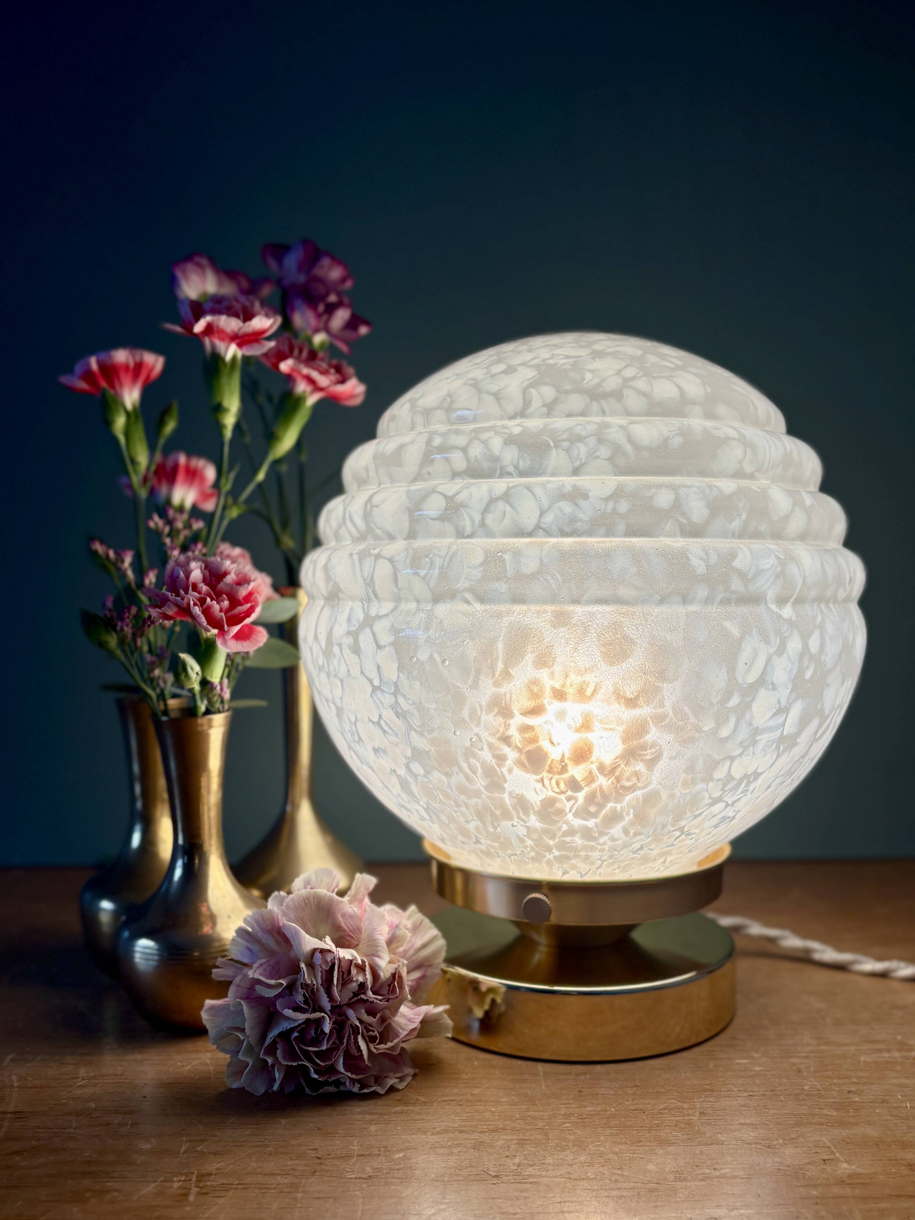 Vintage Art Deco globe table lamp in white Clichy glass