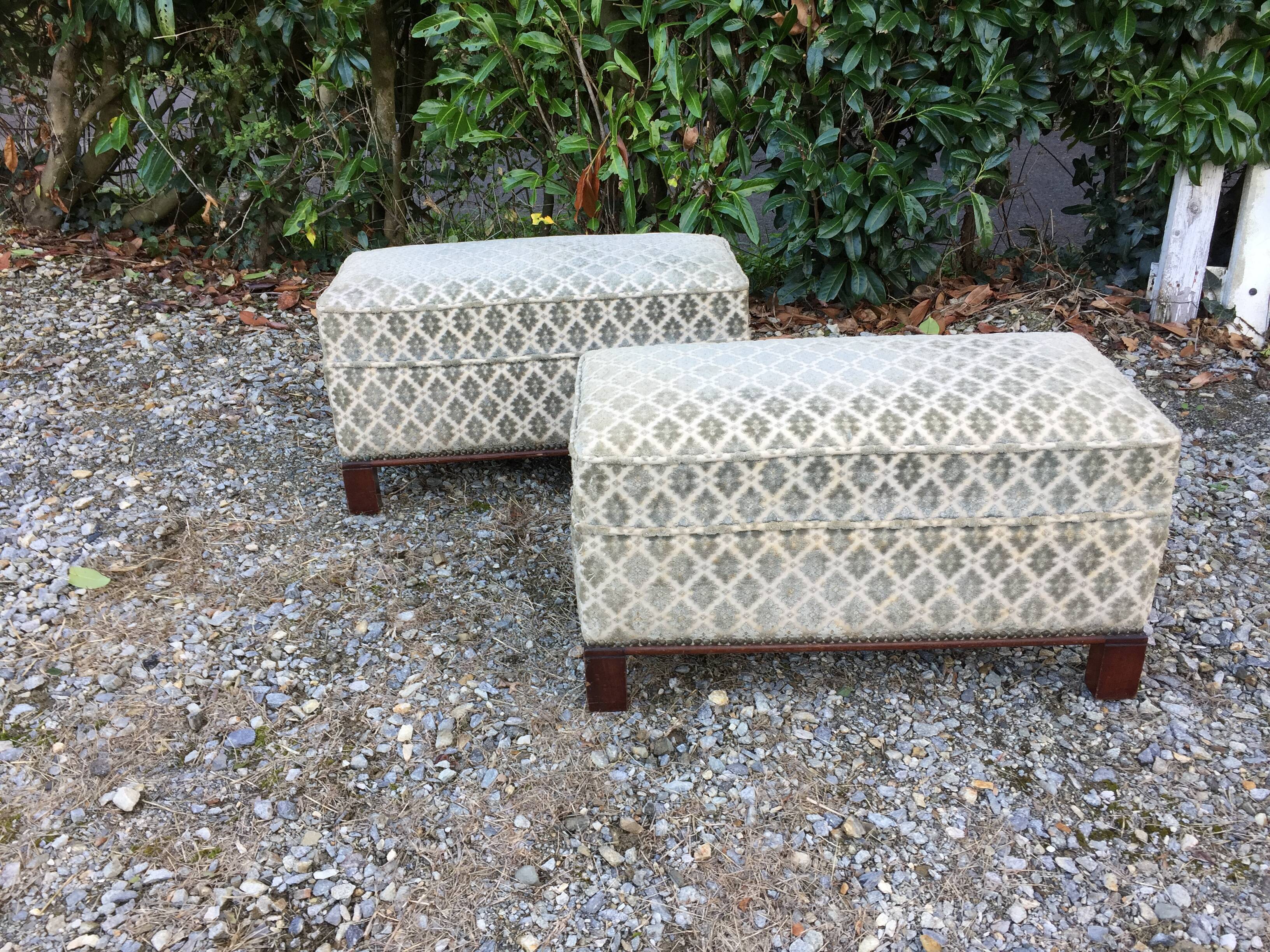 Duo of vintage velvet poufs and walnut base