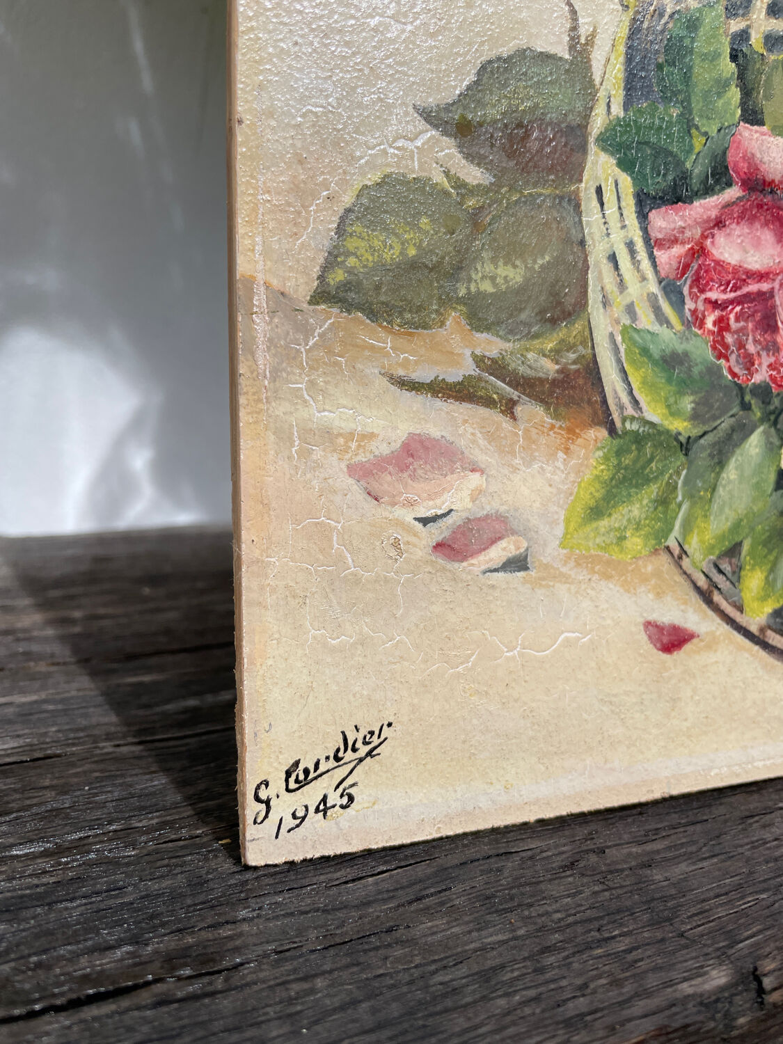 Painting basket of roses bouquet 1945 signed