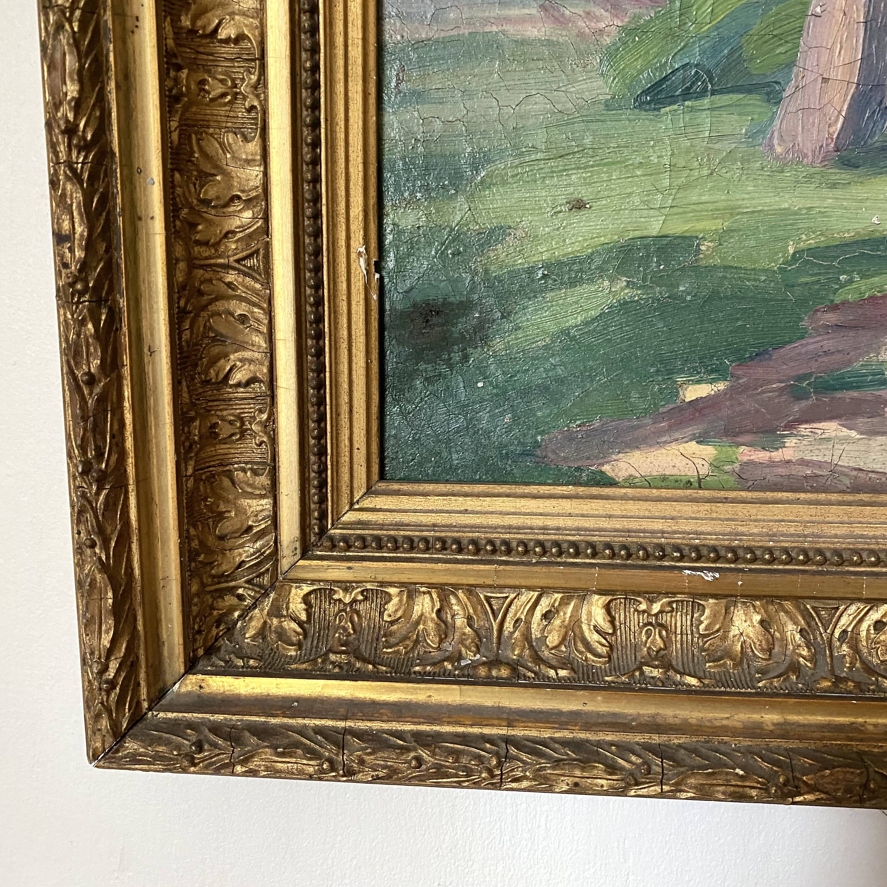 Old oil on canvas, wooded landscape with house, gilded frame.