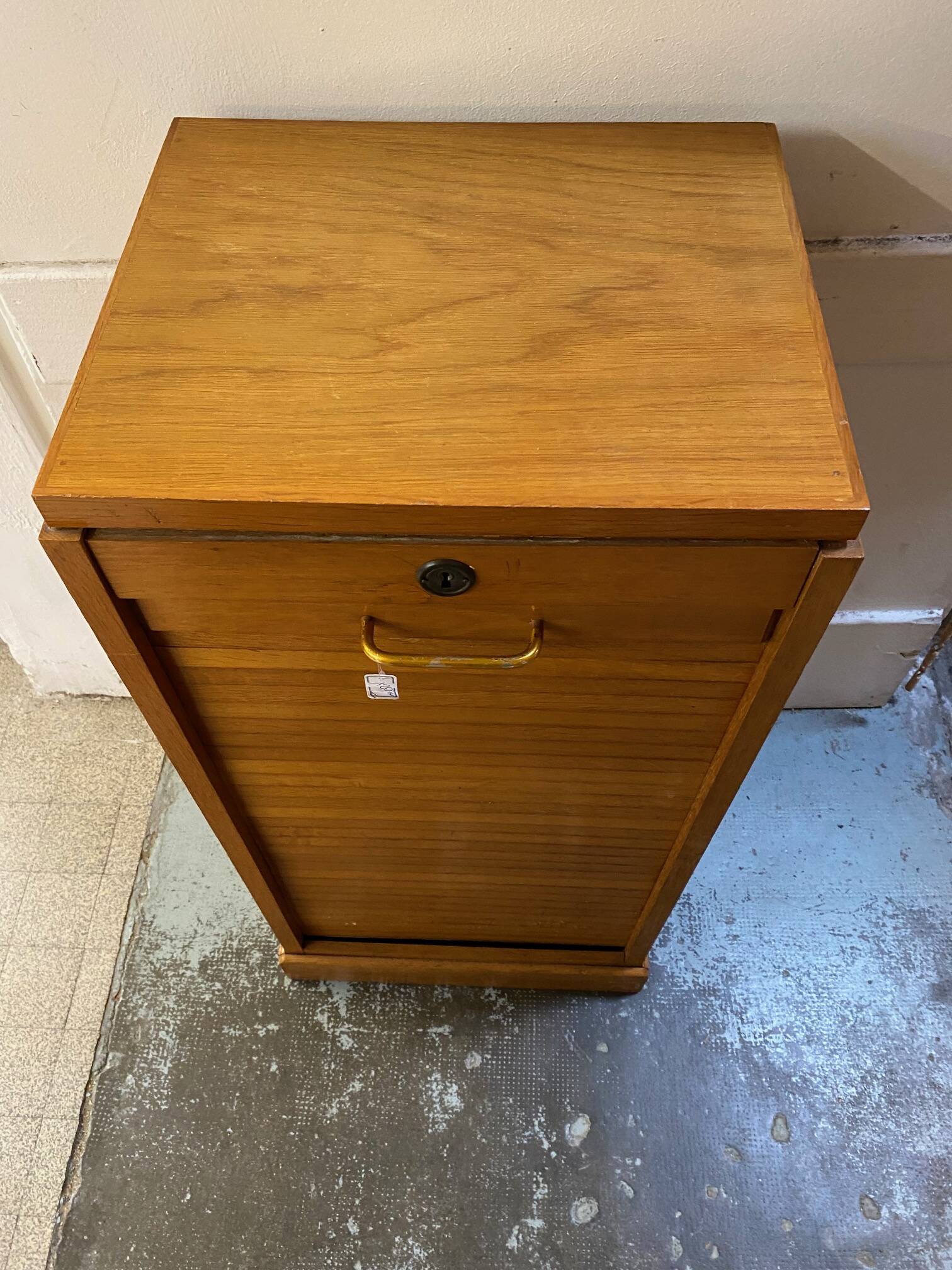 50s/60s light oak curtain filing cabinet low model with removable shelves