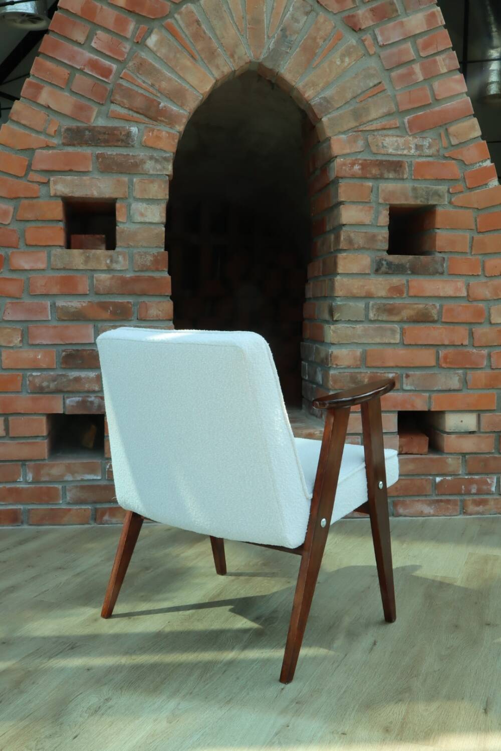 Scandinavian armchair snow white boucle dark walnut wood colour design by Chierowski 366 model