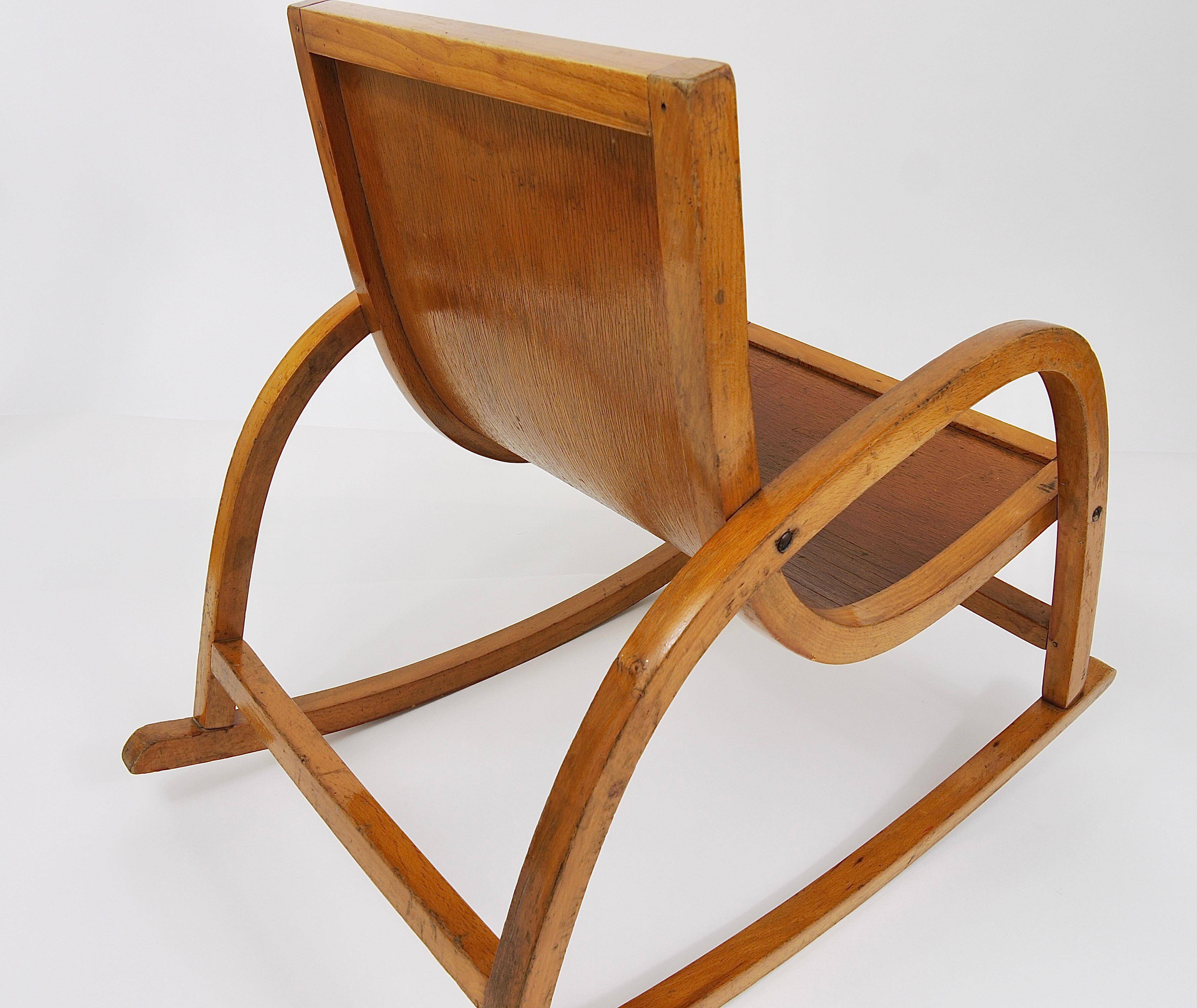 Curved wooden rocking chair for children Bauhaus Brockhage Andrä period, Germany, 1950s