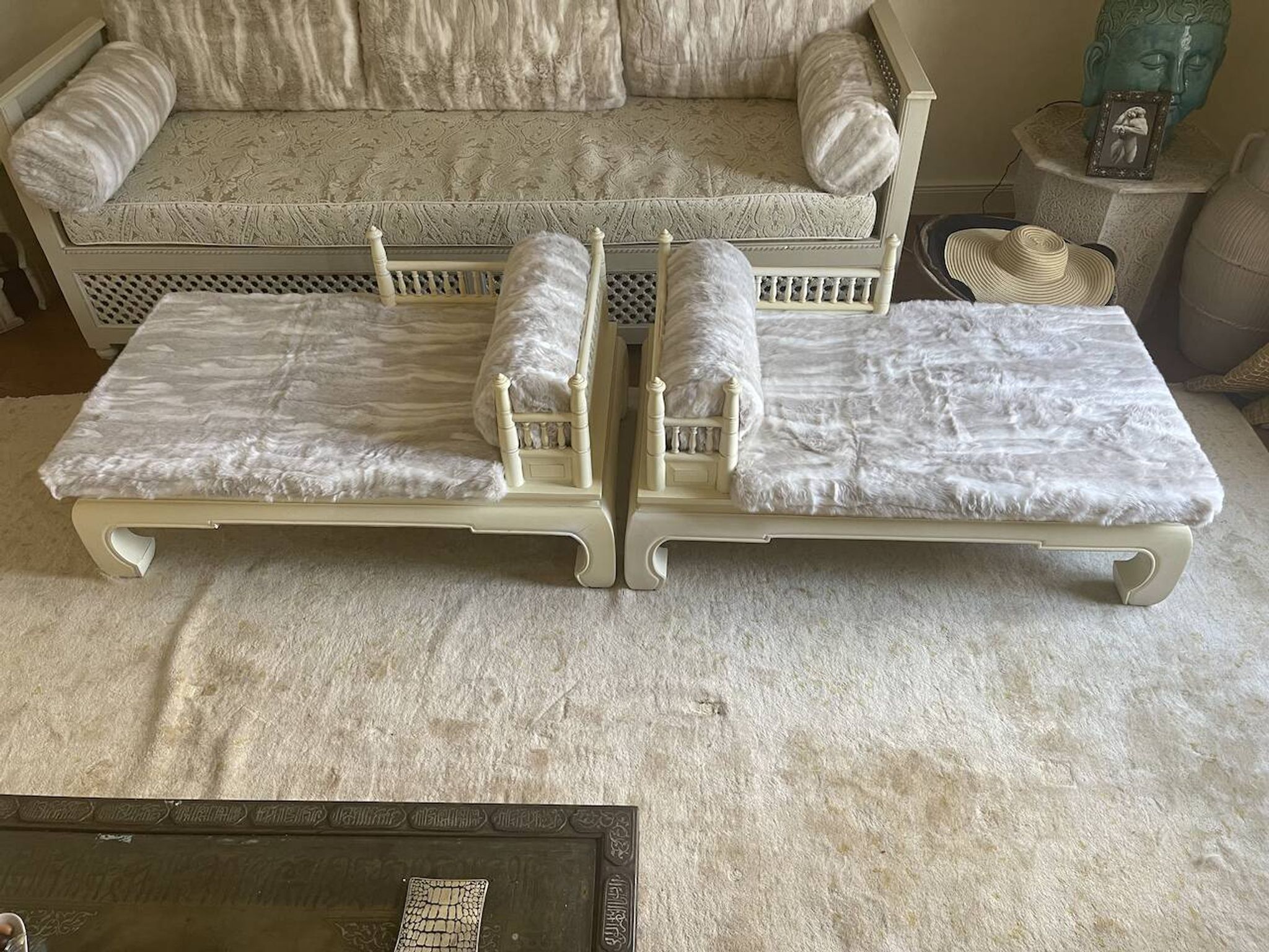 Pair of small bespoke benches – Casamance fabric in Ivory colour.