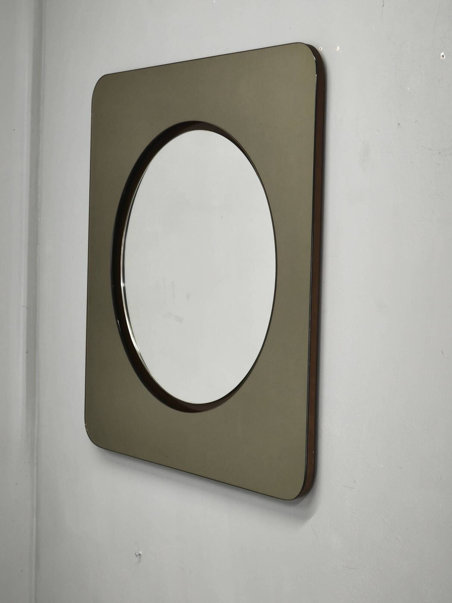 1970s Italian Space Age Smoked Glass and Circular Wall Mirror