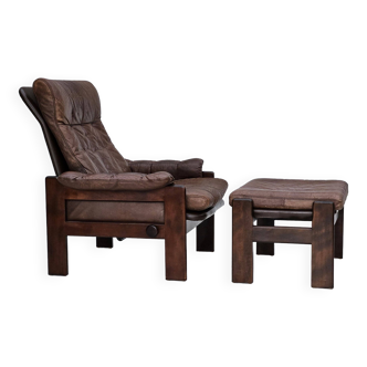 Chaise longue danoise réglable avec repose-pieds, cuir marron, par Skippers Møbler.