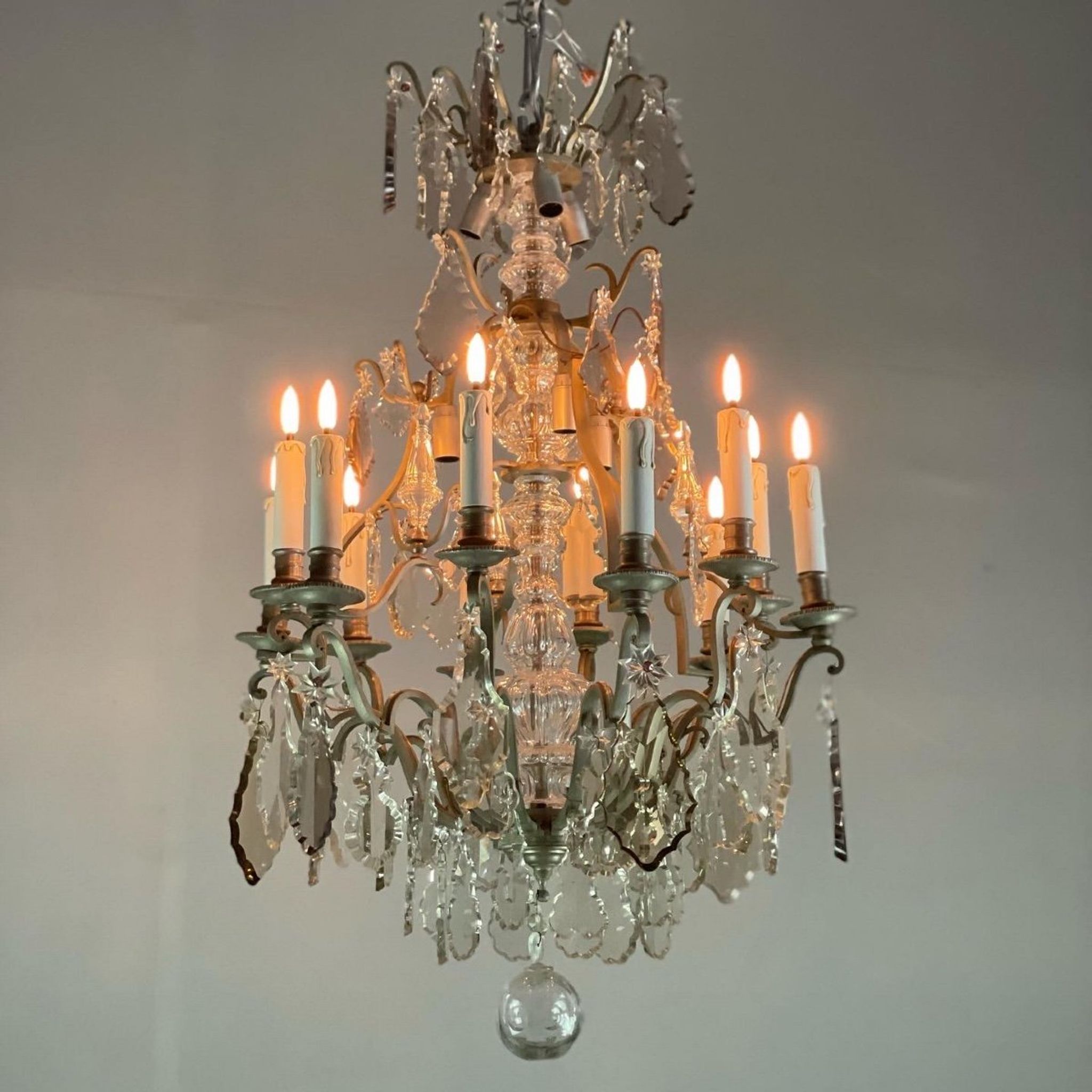 Silver bronze cage chandelier with crystal grapevines circa 1900