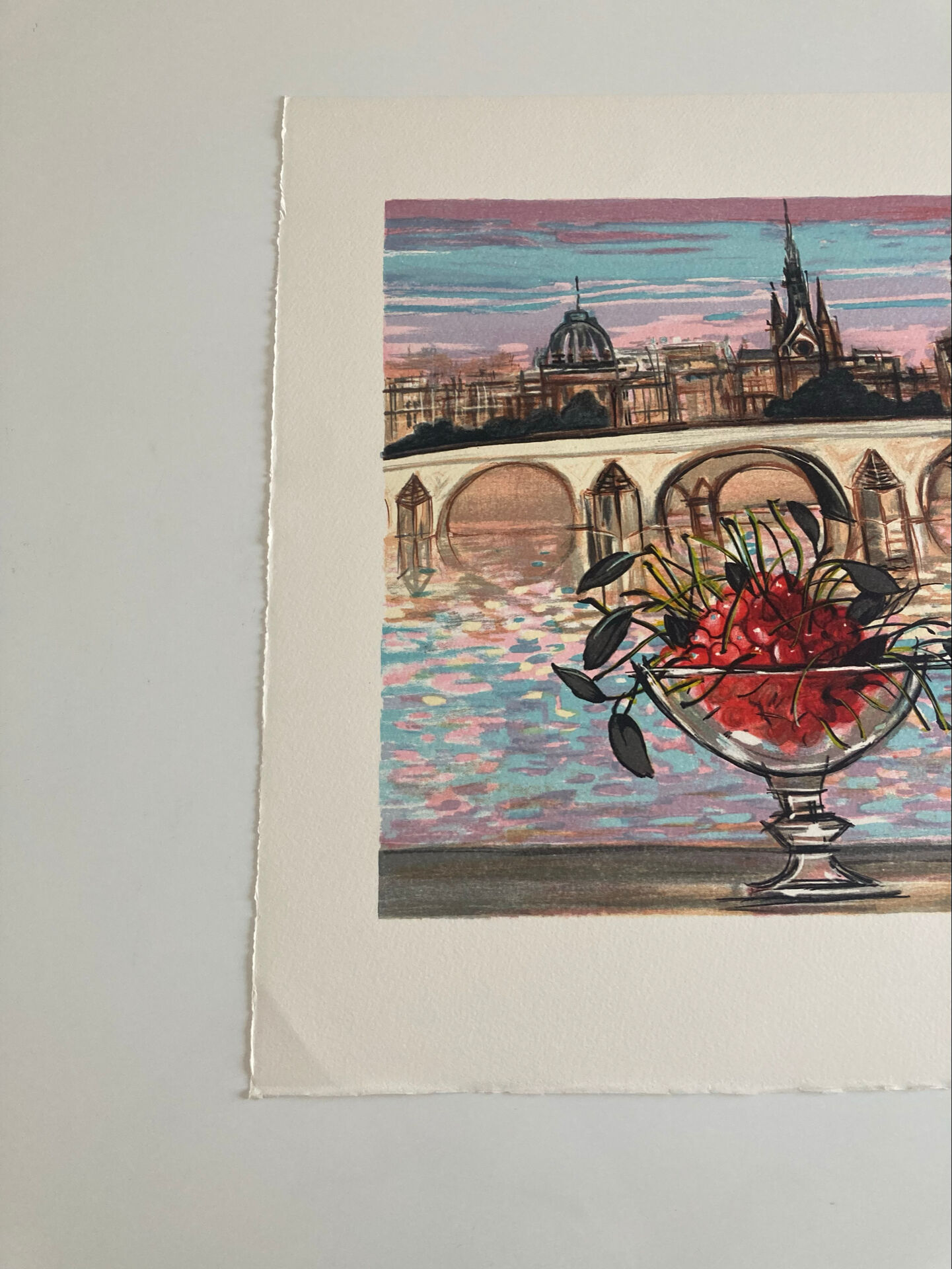 Lithograph signed by Michel Henry - The Institute and Notre Dame de Paris