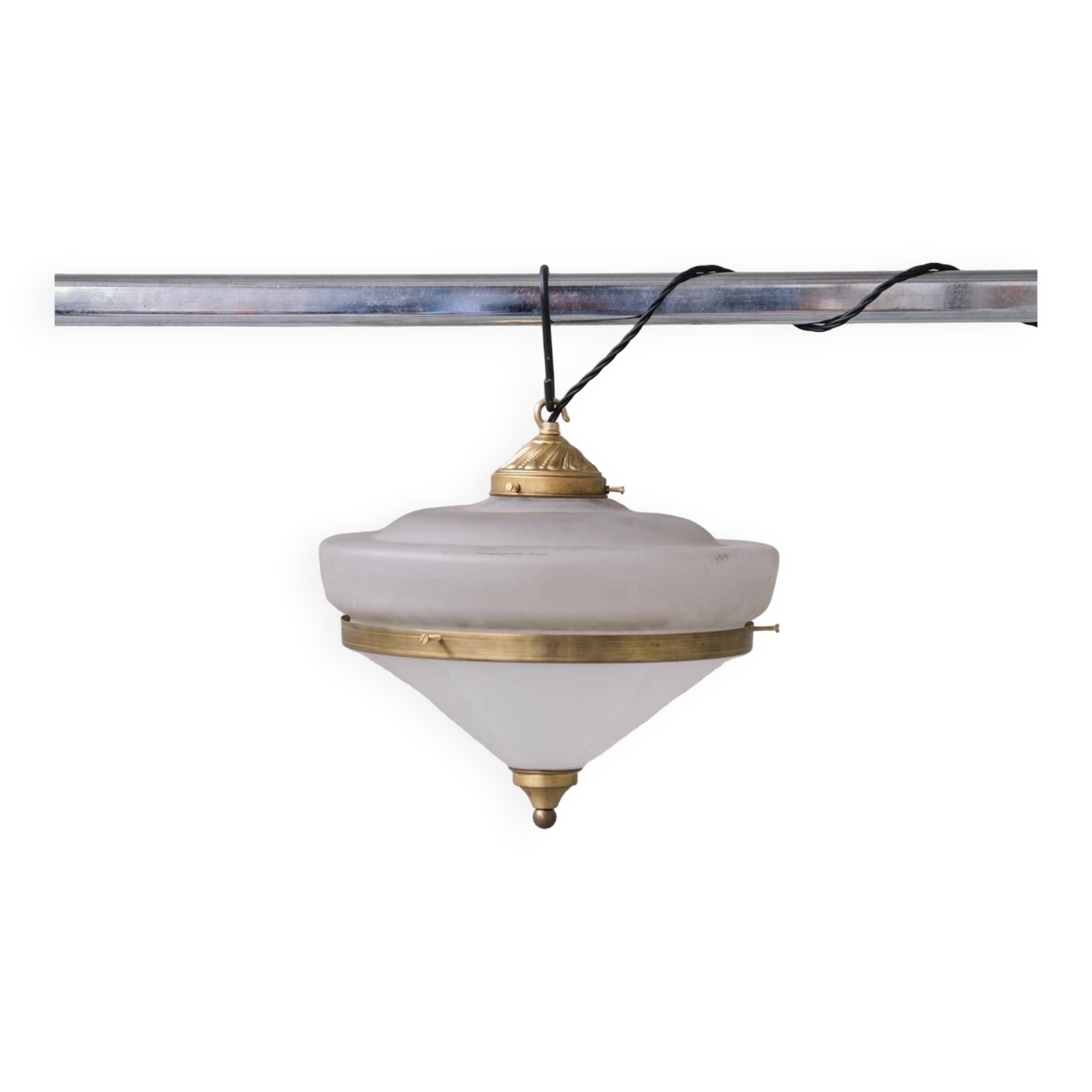 Two Tone Mid-Century French Brass and Glass Pendant Light (5 available)